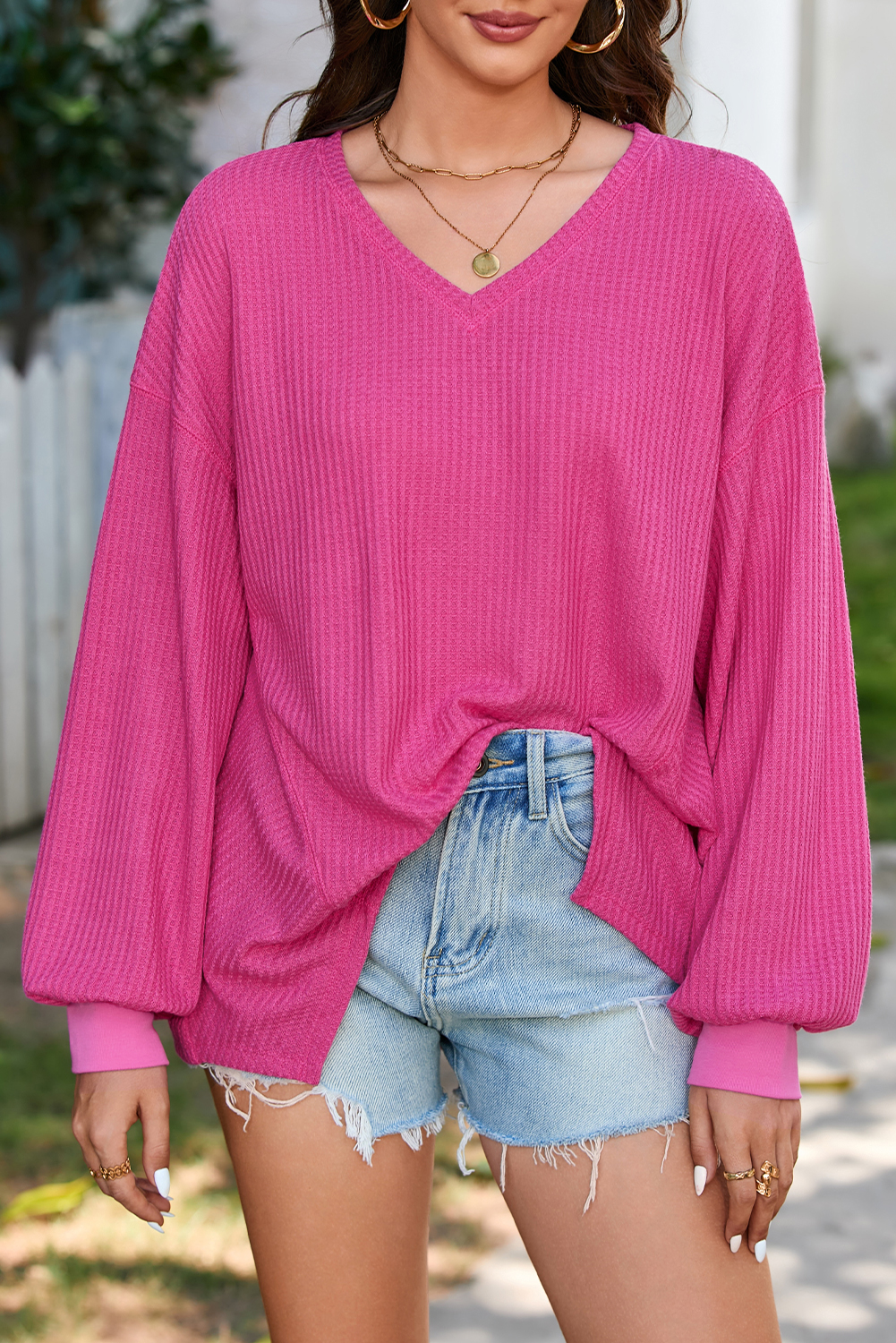 Light Pink Waffle V Neck Long Sleeve Drop Shoulder Loose Blouse