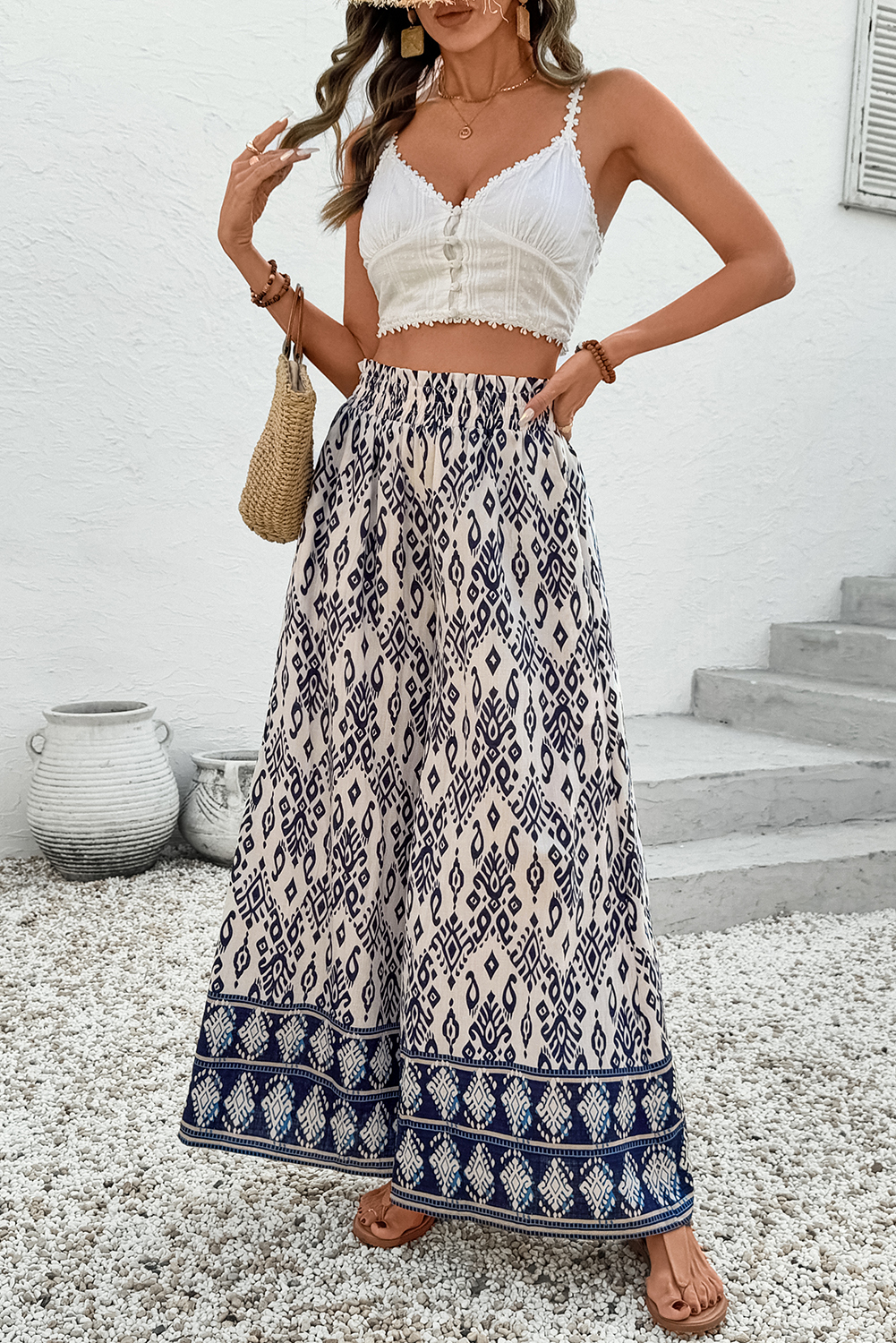 Blue Boho Geometric Print Shirred High Waist Wide Leg Jumpsuit