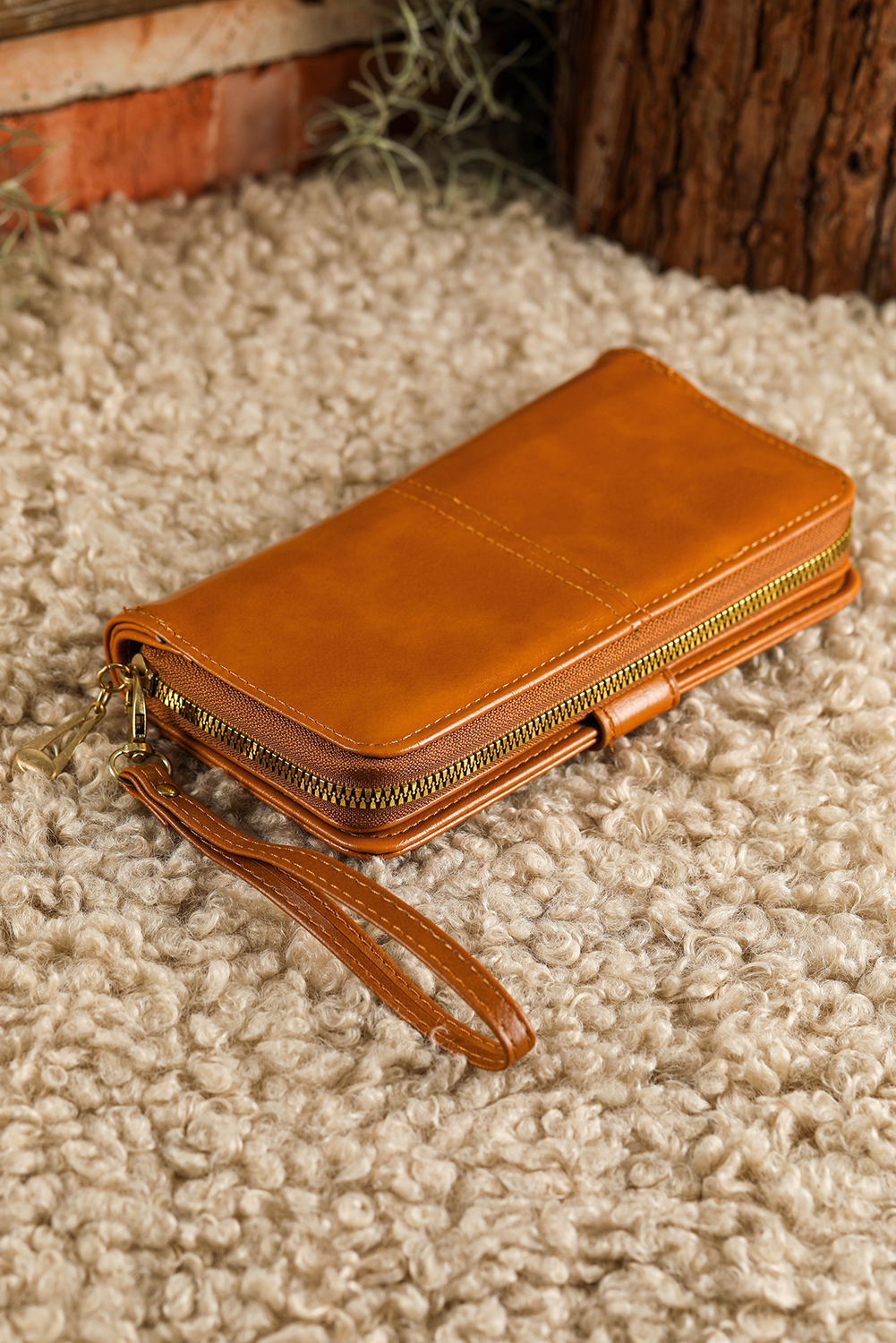 Cinnamon Faux Leather Zip Around Wrist Strap Long Wallet