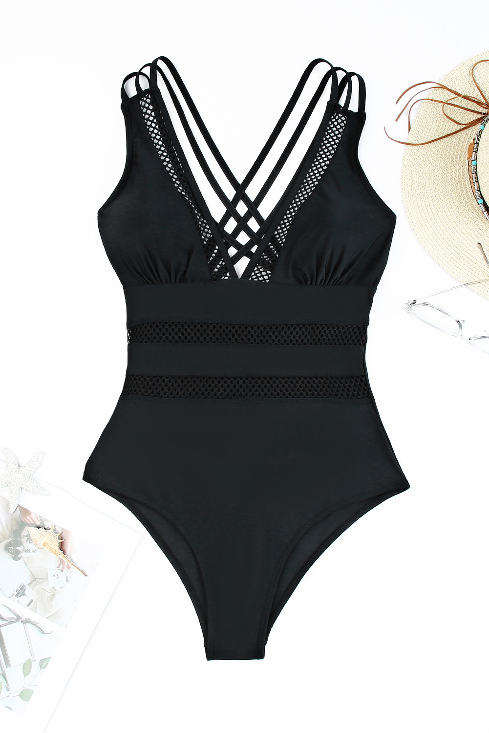 Dearlovers Black Solid Mesh One Piece Swimsuit