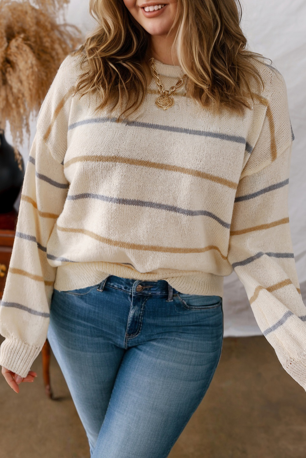 Multicolour Striped Buttoned Front V Neck Drop Shoulder Cardigan Sweater