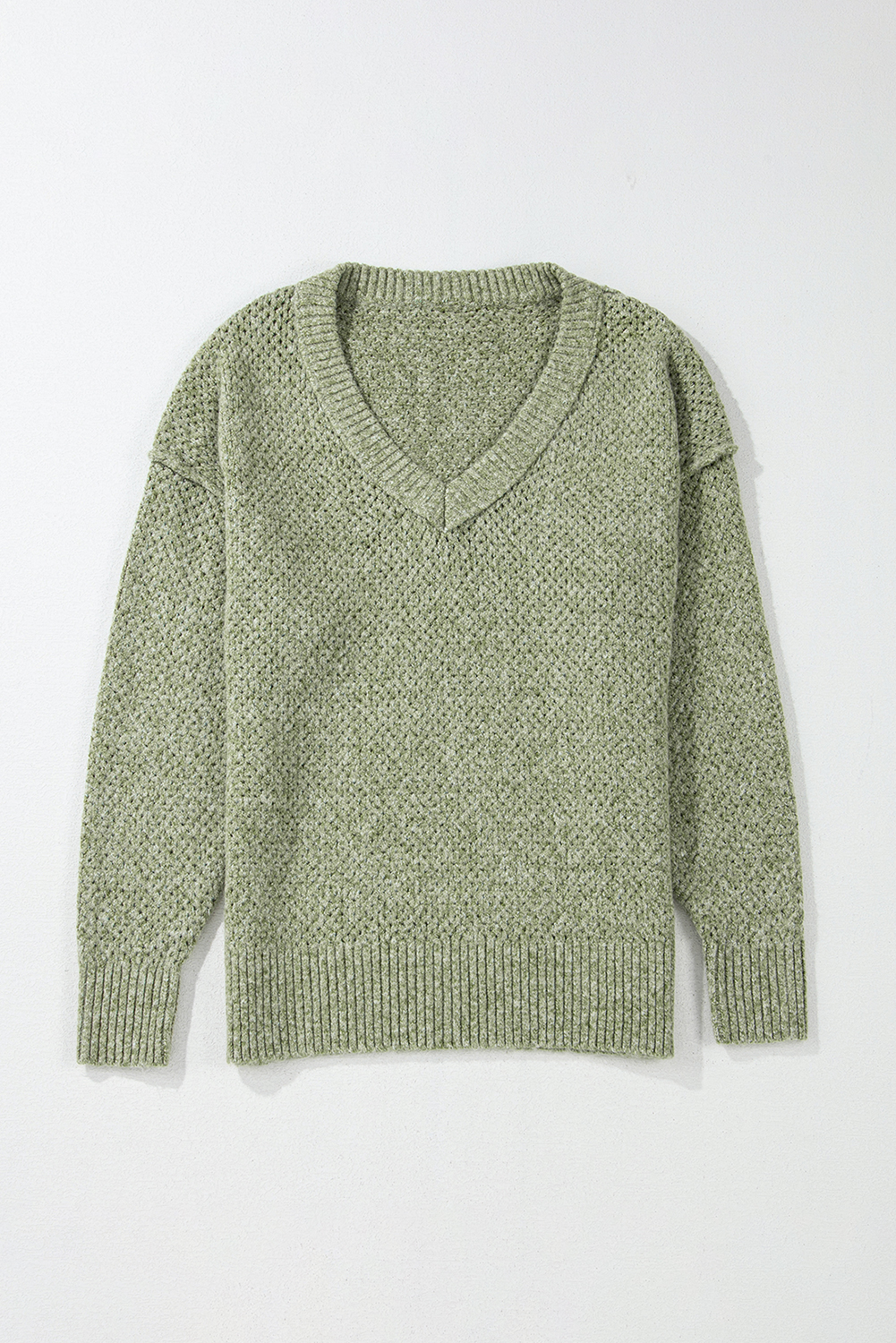 Parchment Loose Eyelet V Neck Drop Shoulder Sweater