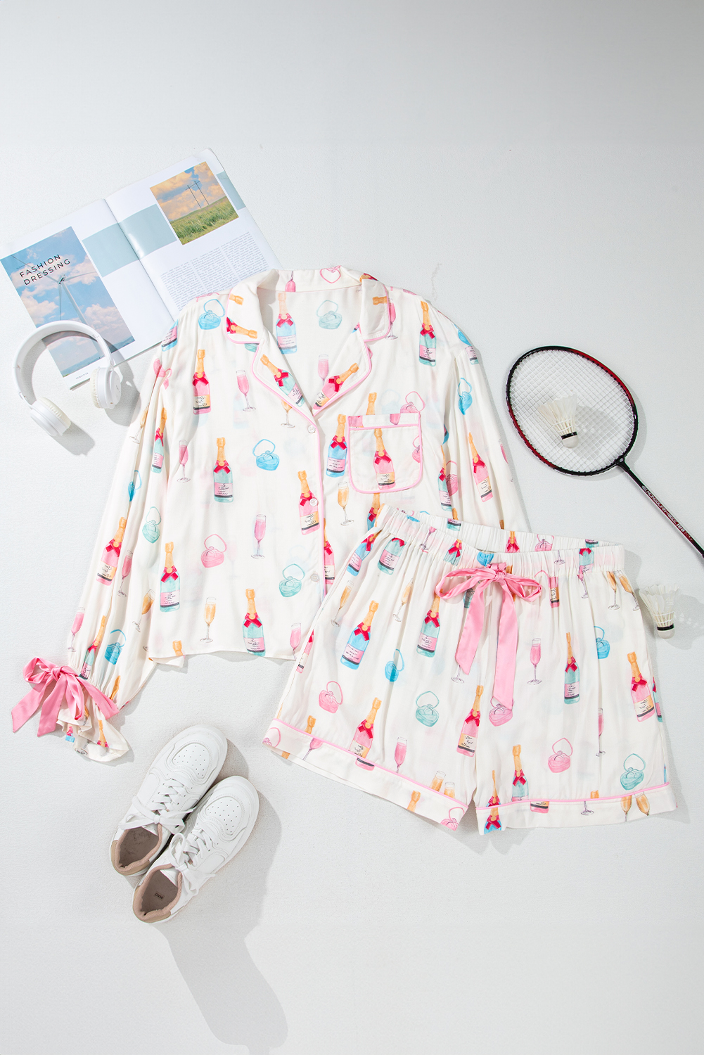 White Christmas Wine Glass Print Bow Knot Two Piece Pajama Set