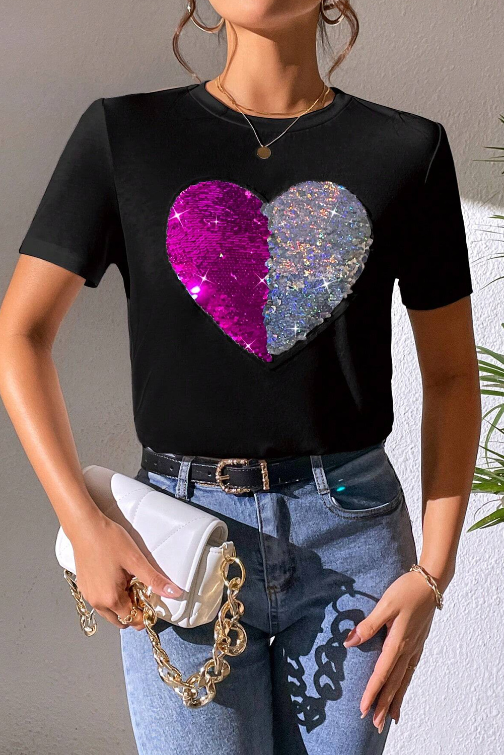 Red Leopard Striped Heart Shaped Print Crew Neck T Shirt