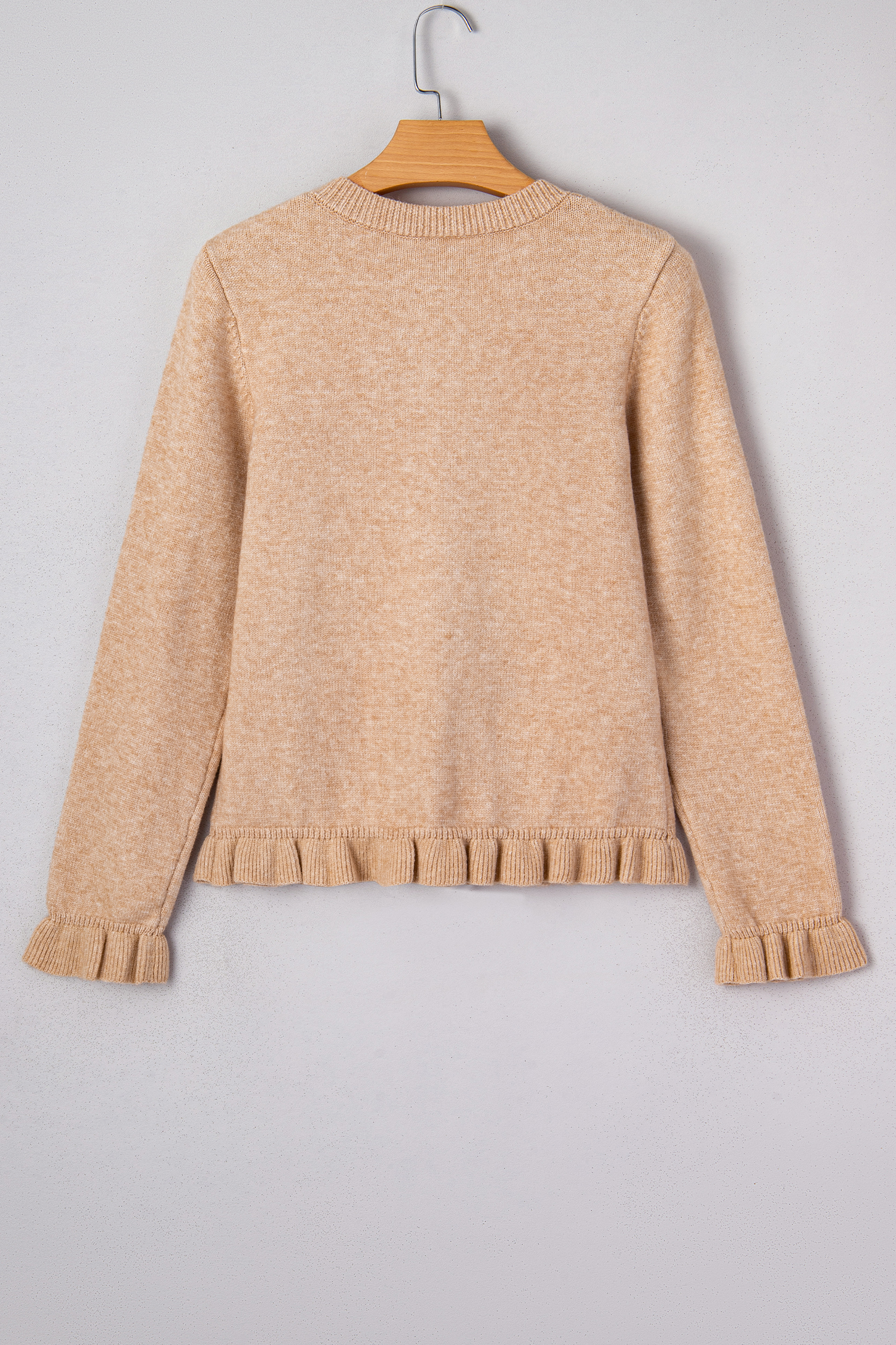 Oatmeal Ruffle Trim Gold Button Sweater Cardigan