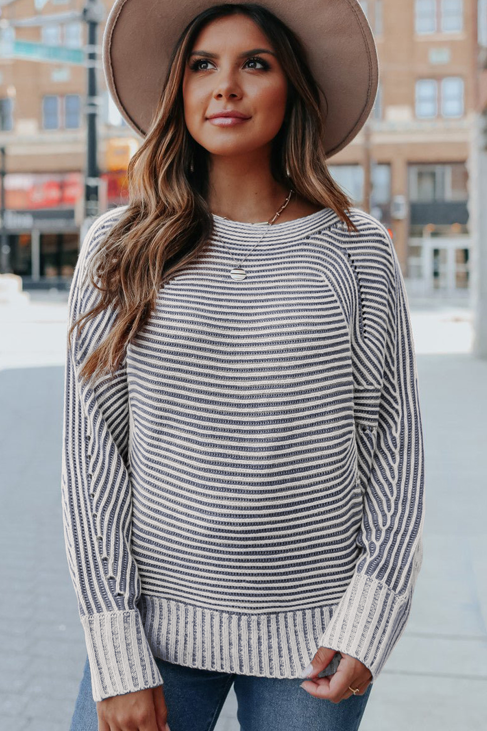 Coffee Striped Print Ribbed Knit Boat Neck Baggy Sweater