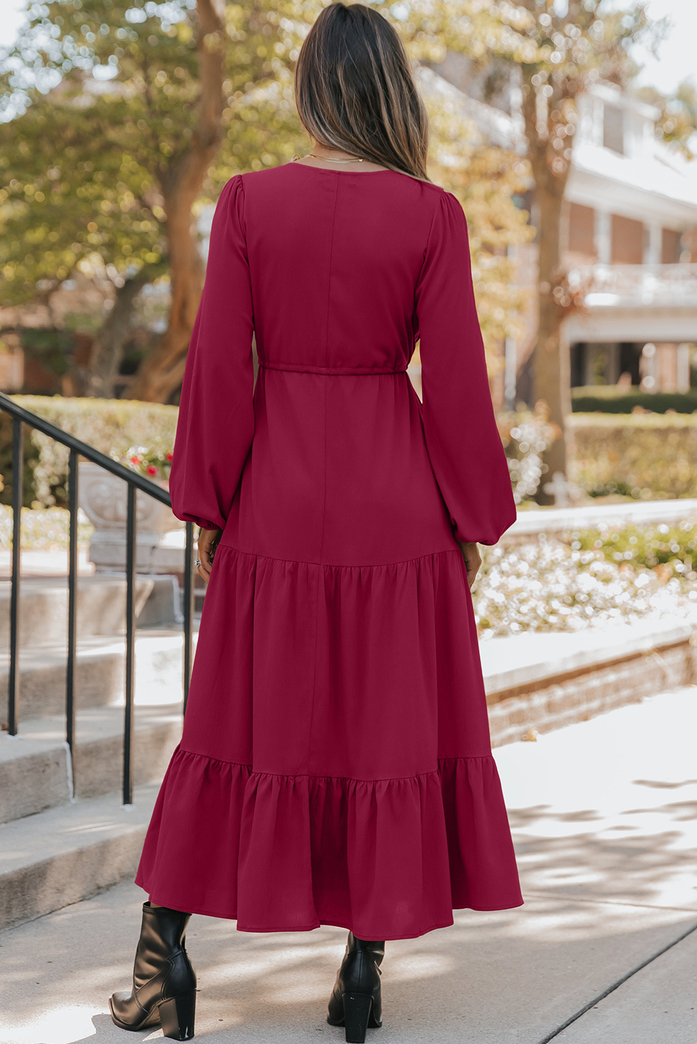 Blackish Green Solid Long Sleeve Button V Neck Tiered Maxi Dress