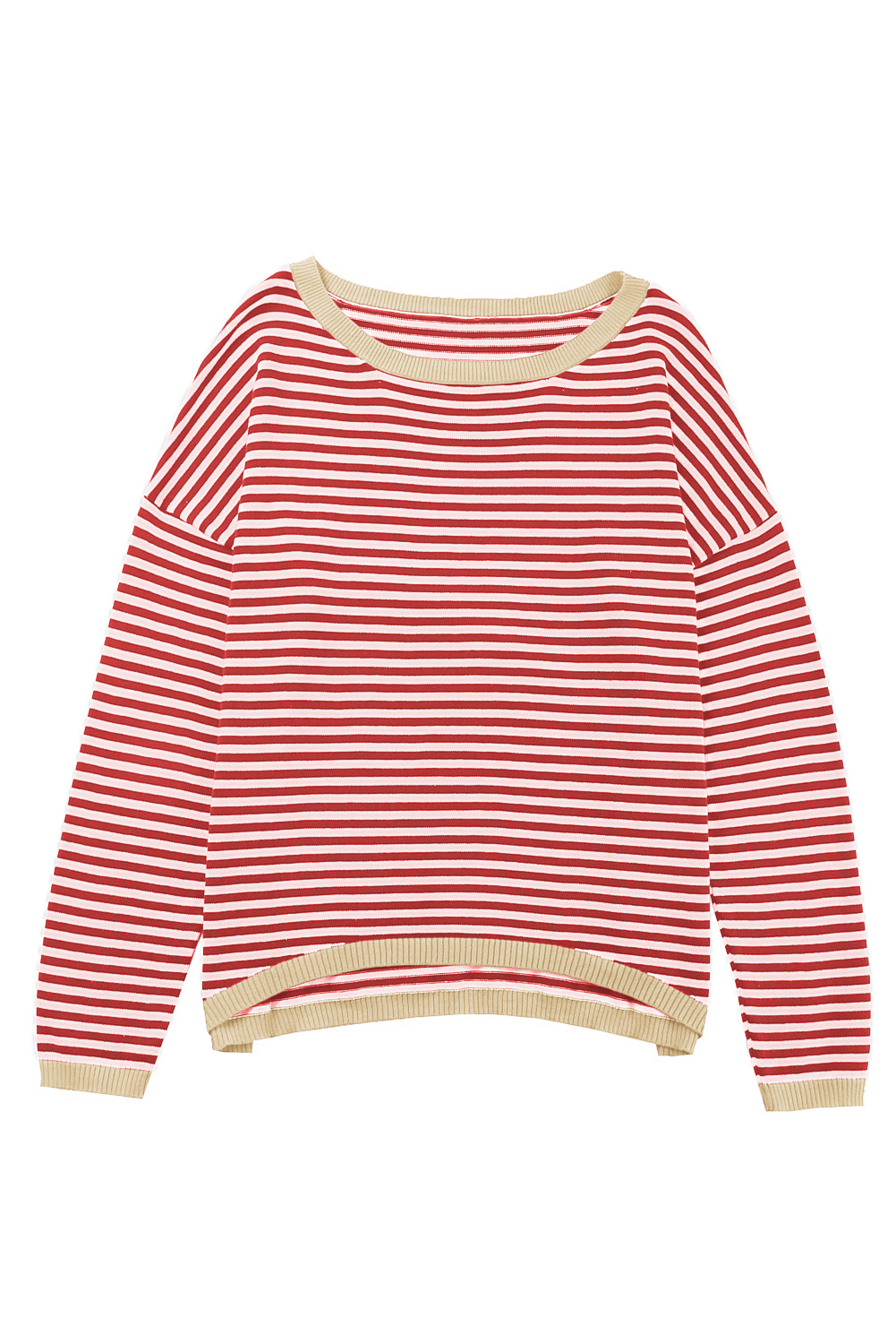 Fiery Red Striped Contrast Trimmed Drop Shoulder Sweater