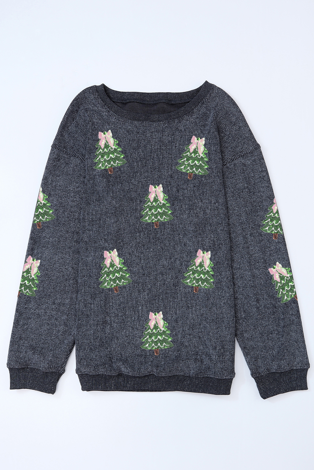 Gray Ribbed Round Neck Sequin Christmas Tree Patched Baggy Sweatshirt
