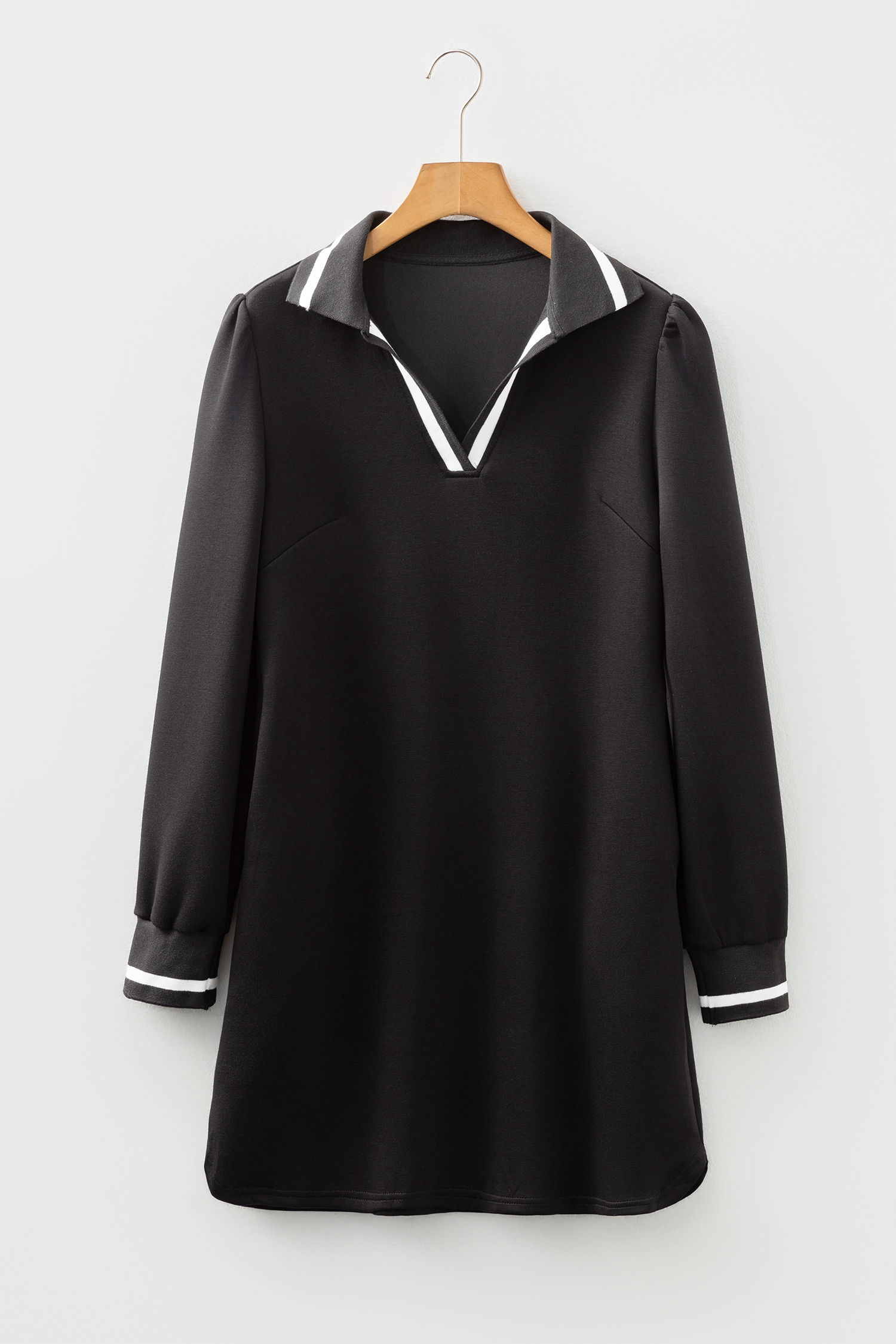 Black Striped Trim V Neck Collared Long Sleeve Shift Mini Dress