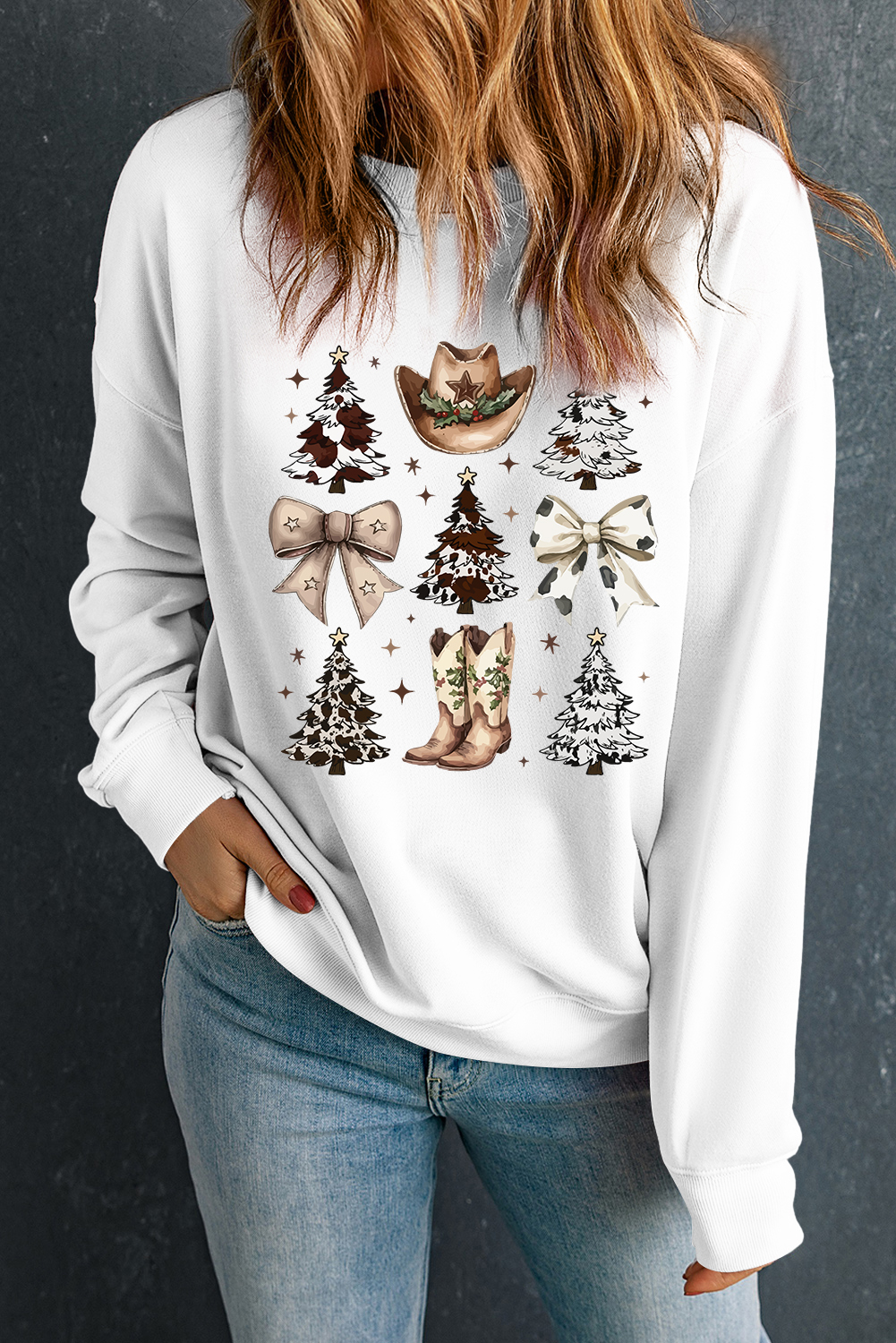 White Cowgirl Bow Christmas Tree Print Drop Shoulder Sweatshirt
