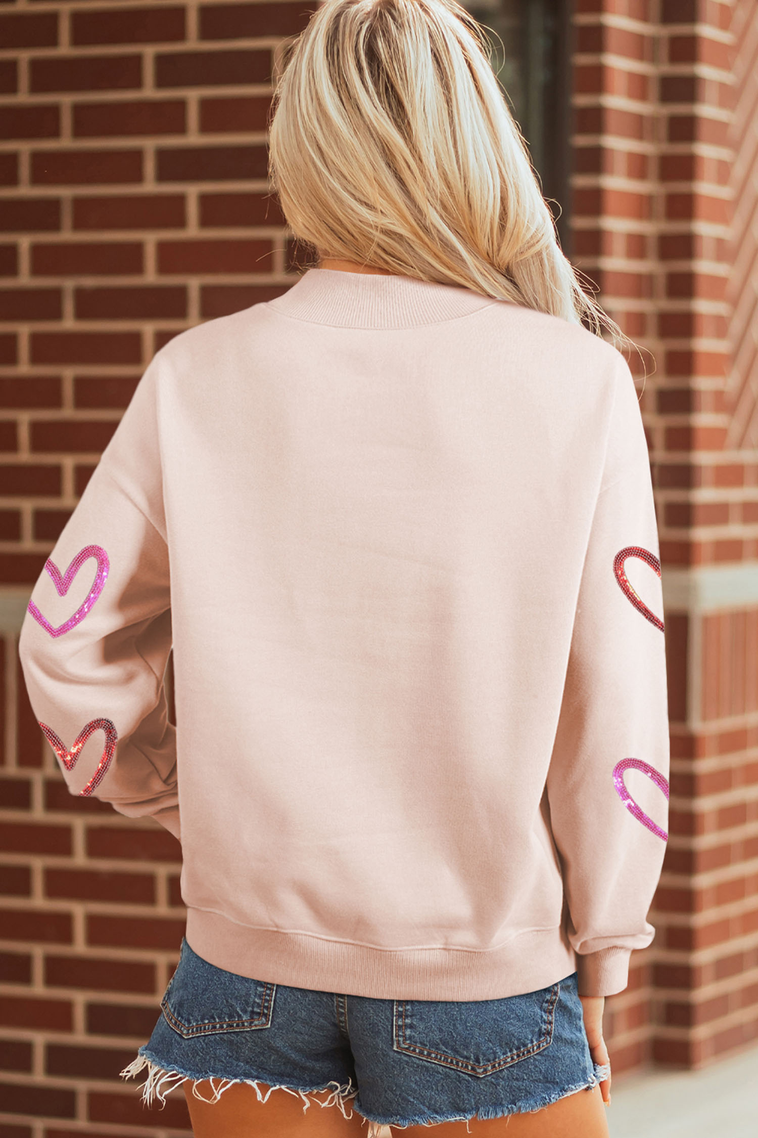 Apricot Pink Sequin Heart Sketch Patched Mock Neck Sweatshirt