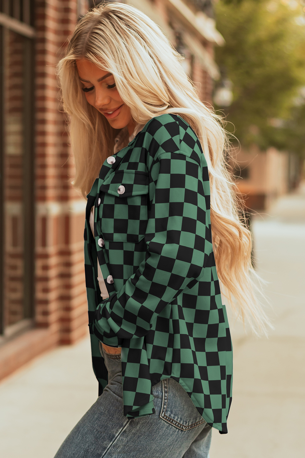 Khaki Checkerboard Flap Pocket Button Front Shacket