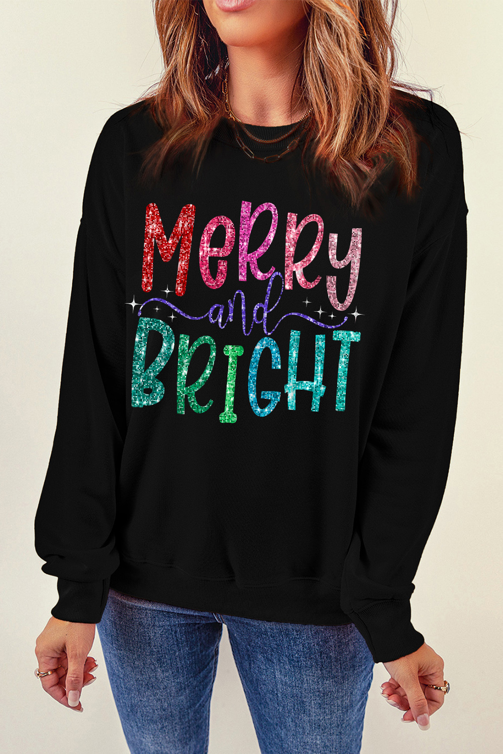 Black Merry and Bright Graphic Christmas Pullover Sweatshirt