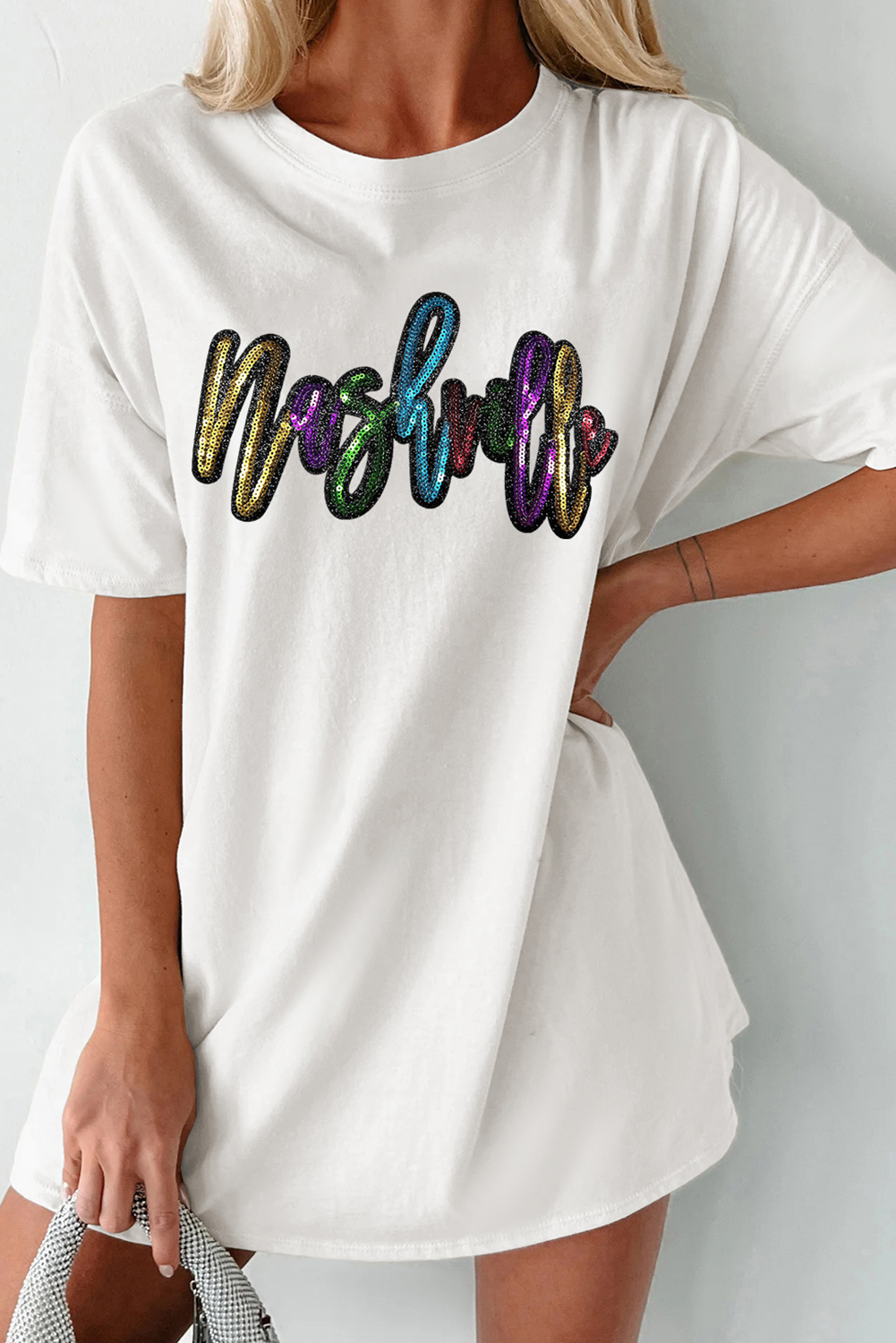 White Colorful Sequin nashville Letter Graphic Tunic Tee