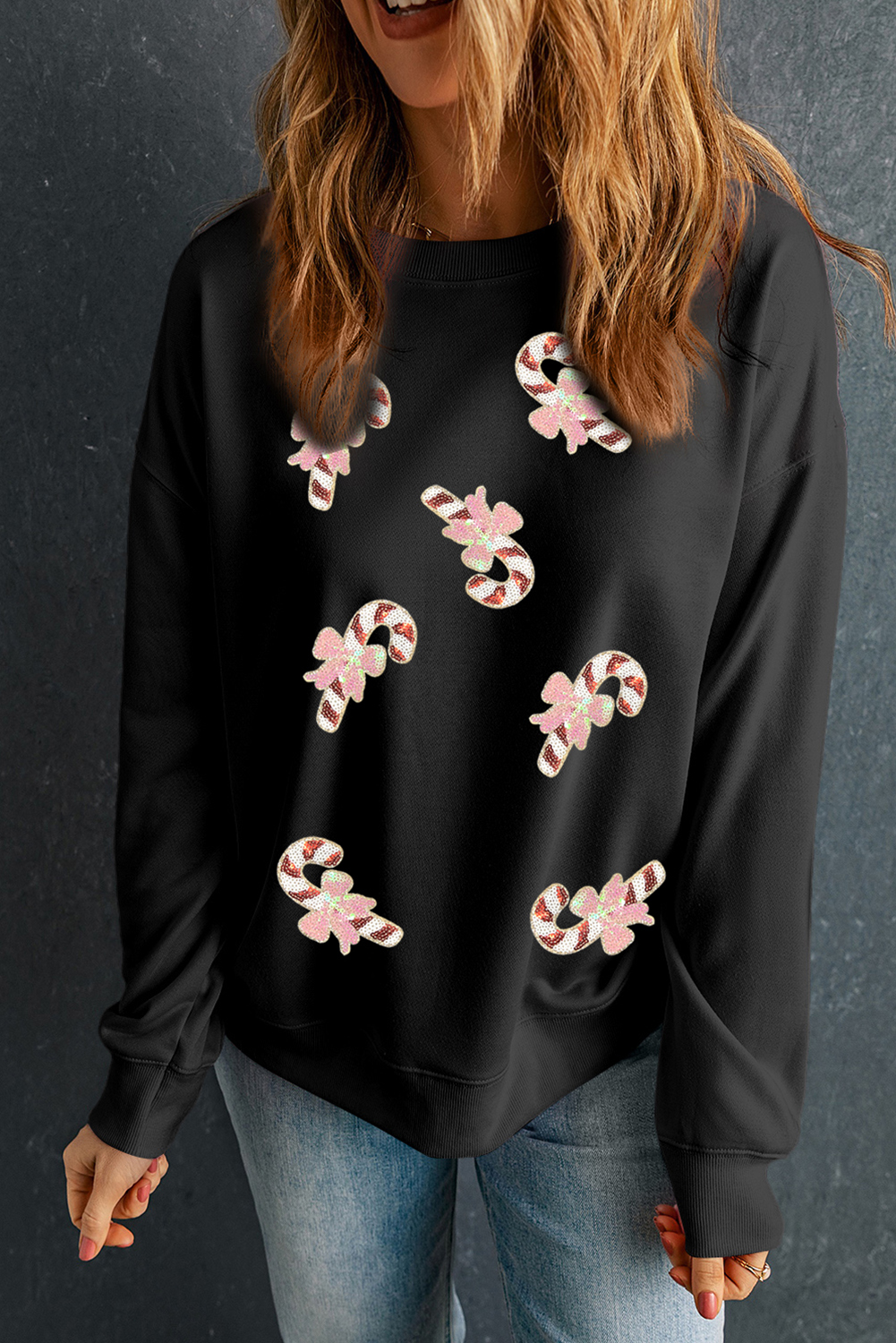 Black Christmas Candy Cane Sequin Patch Baggy Sweatshirt