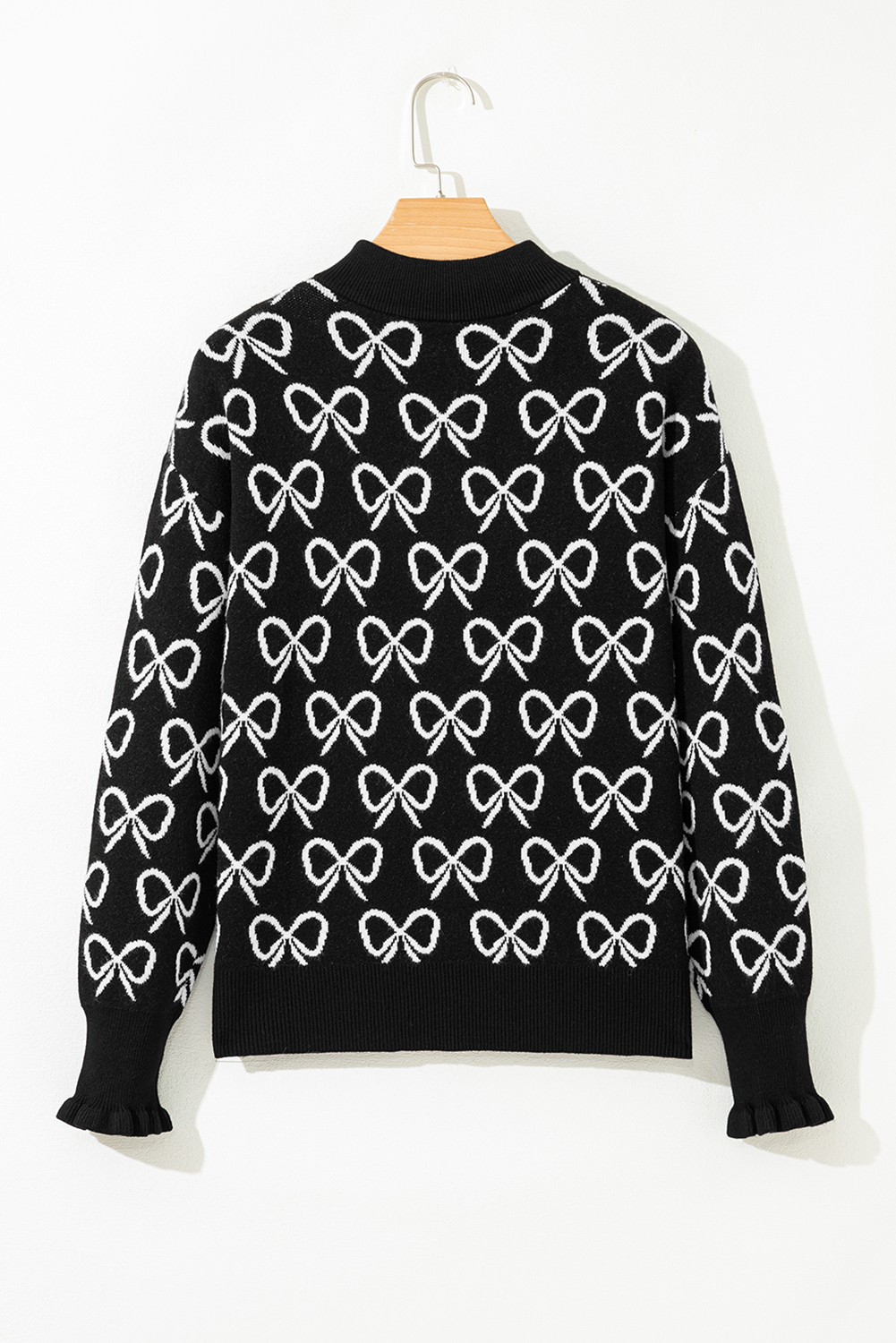 Black Cute Bow Pattern Drop Shoulder Zipped Collar Sweater