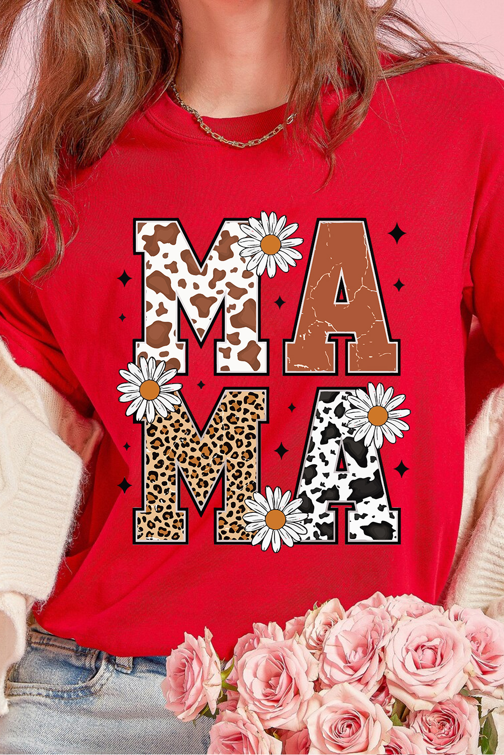 Red Western Animal Spots MAMA Letter Daisy Flower Printed Tee