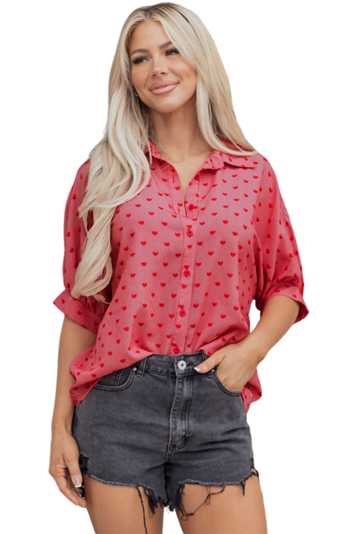 Red Heart Shape Print Half Sleeve Loose Valentine Shirt