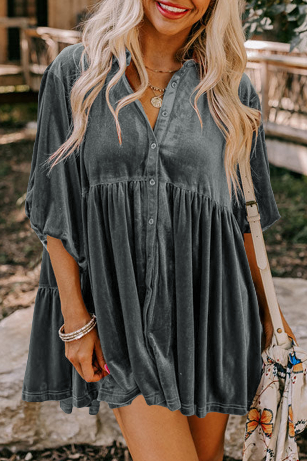 Burgundy 3/4 Sleeve Tunic Babydoll Velvet Shirt