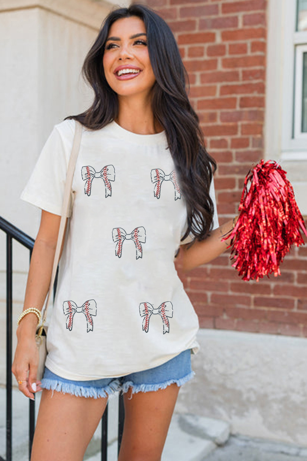 Black Glitter Baseball Bow Patched Cotton Blend T Shirt