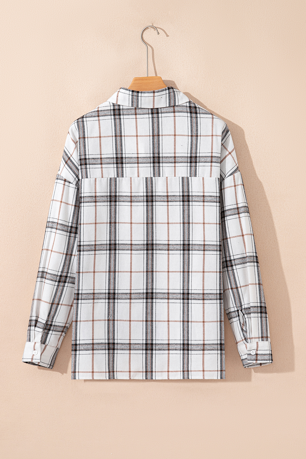 Red Plaid Print Collared V Neck Loose Blouse with Side Slits