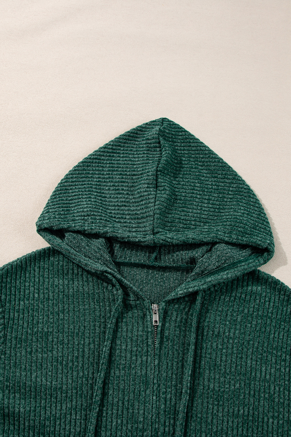 Dark Grey Ribbed Zip Up Front Drawstring Hoodie