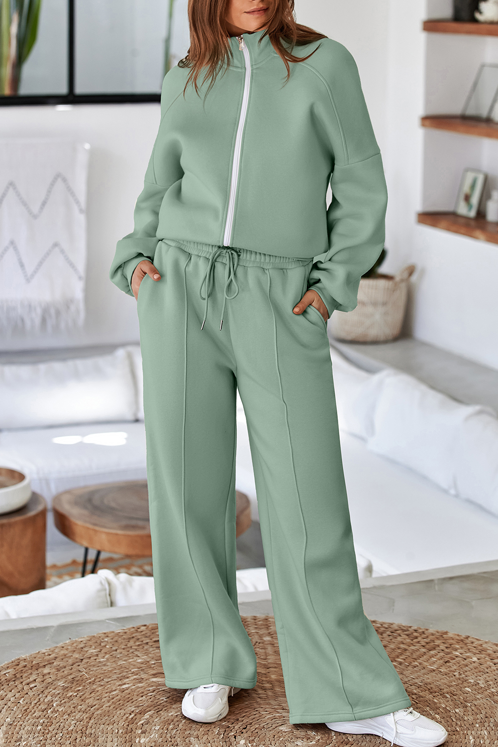 Navy Blue Drop Shoulder Zip Up Jacket Drawstring Pants Active 2pcs Set