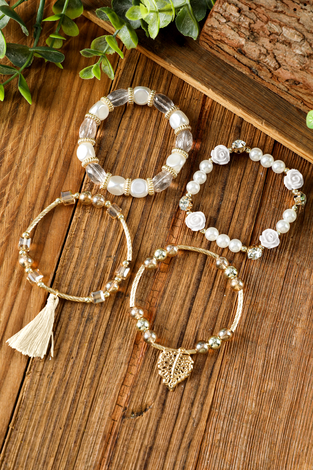 White Bohemian Rhinestone Beaded Fringed Layered Bracelet