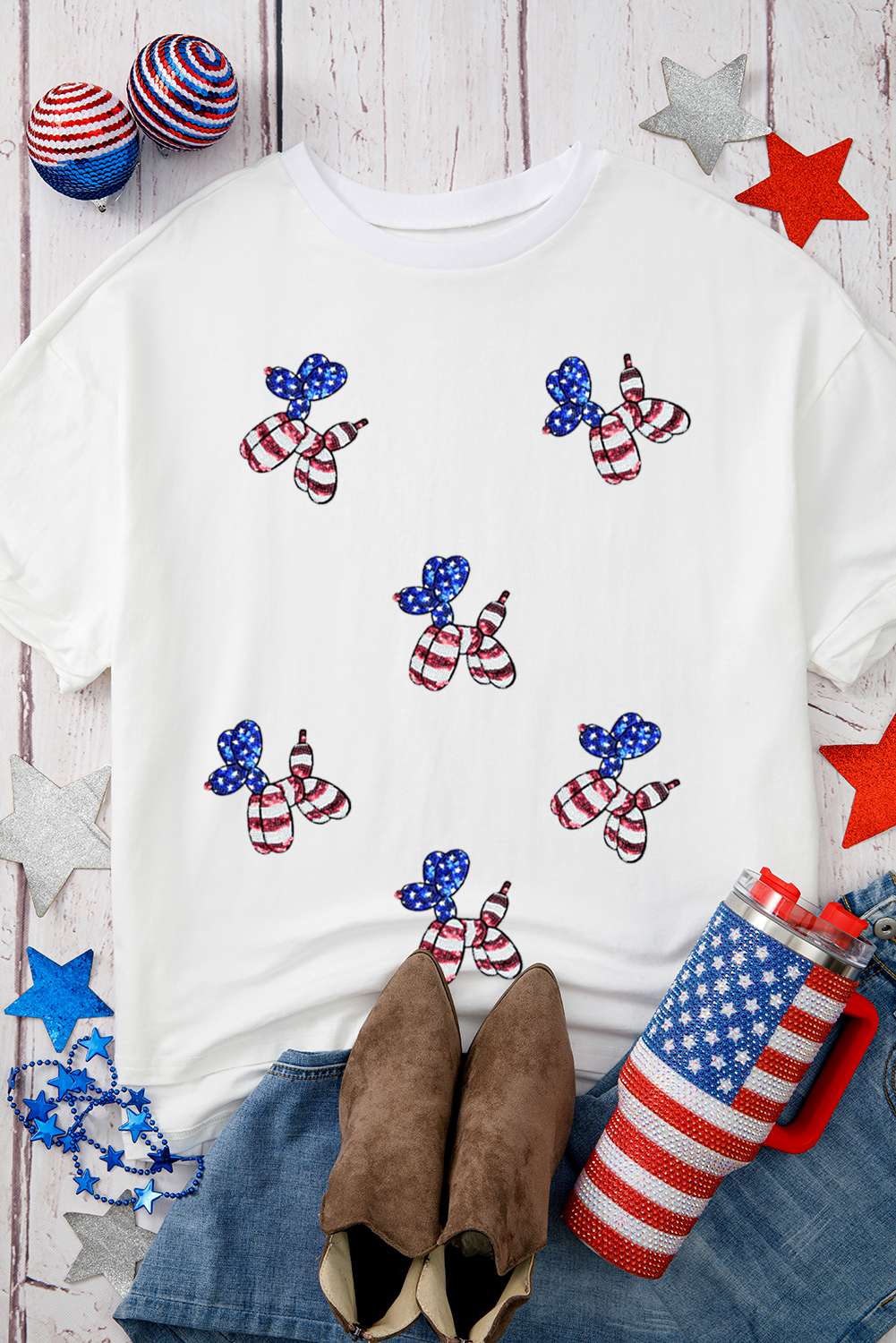 White Sequin USA Flag Balloon Puppy Graphic Drop Shoulder High Low Tee