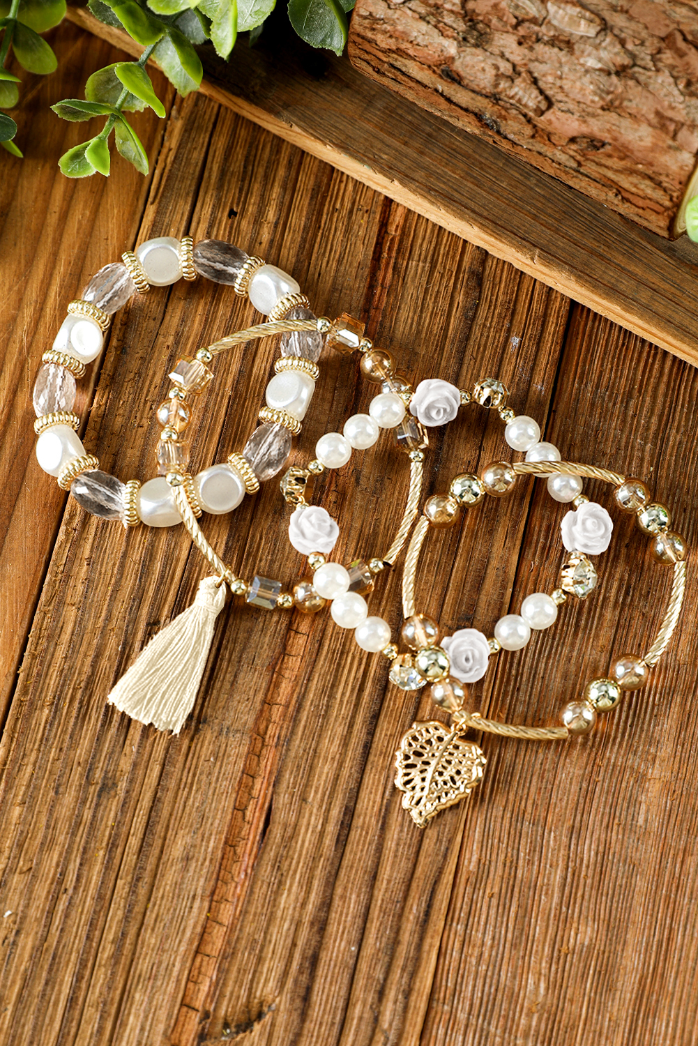 White Bohemian Rhinestone Beaded Fringed Layered Bracelet