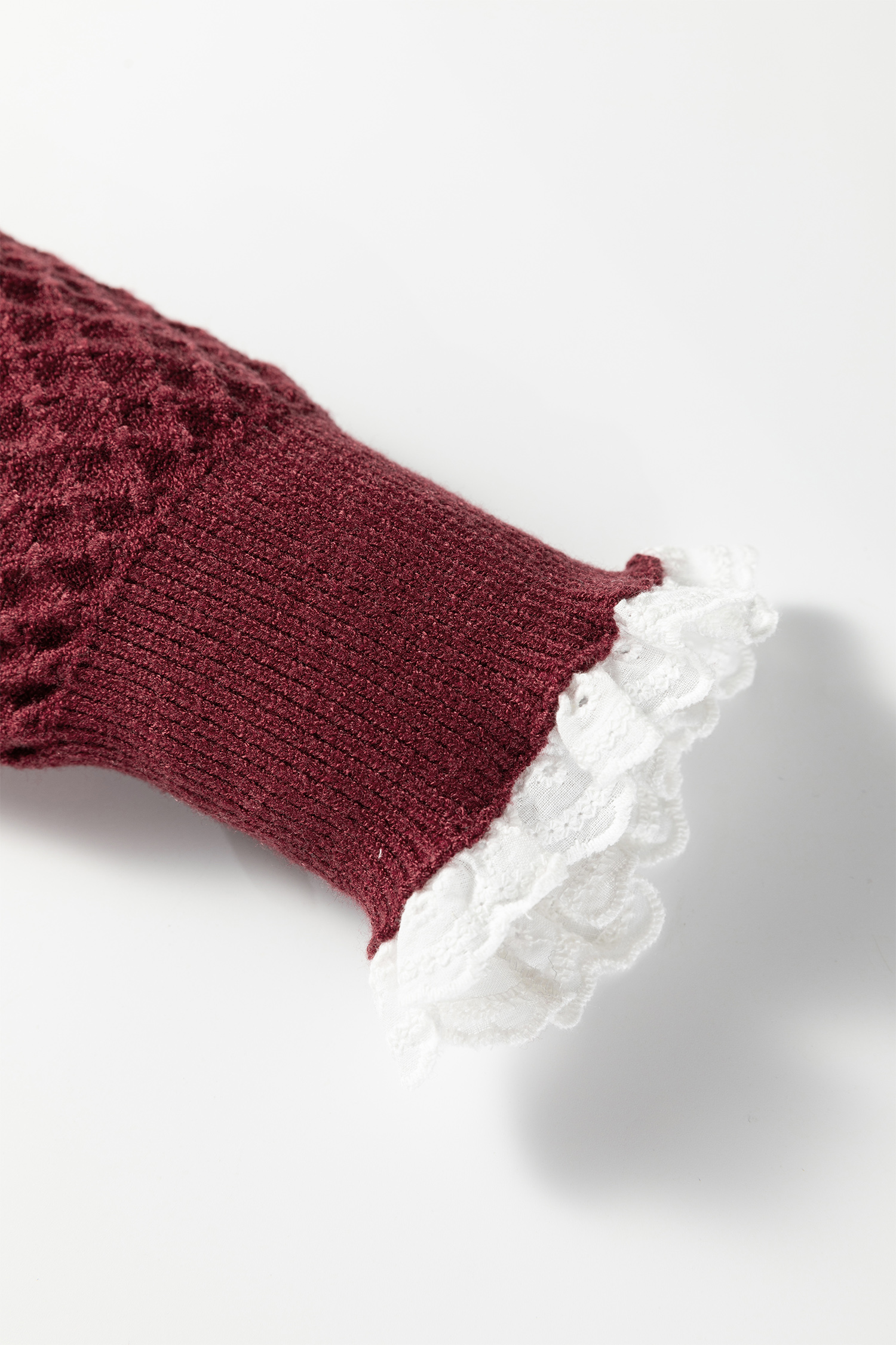 Burgundy  Contrast Lace Frilled Trim Raglan Sleeve Sweater