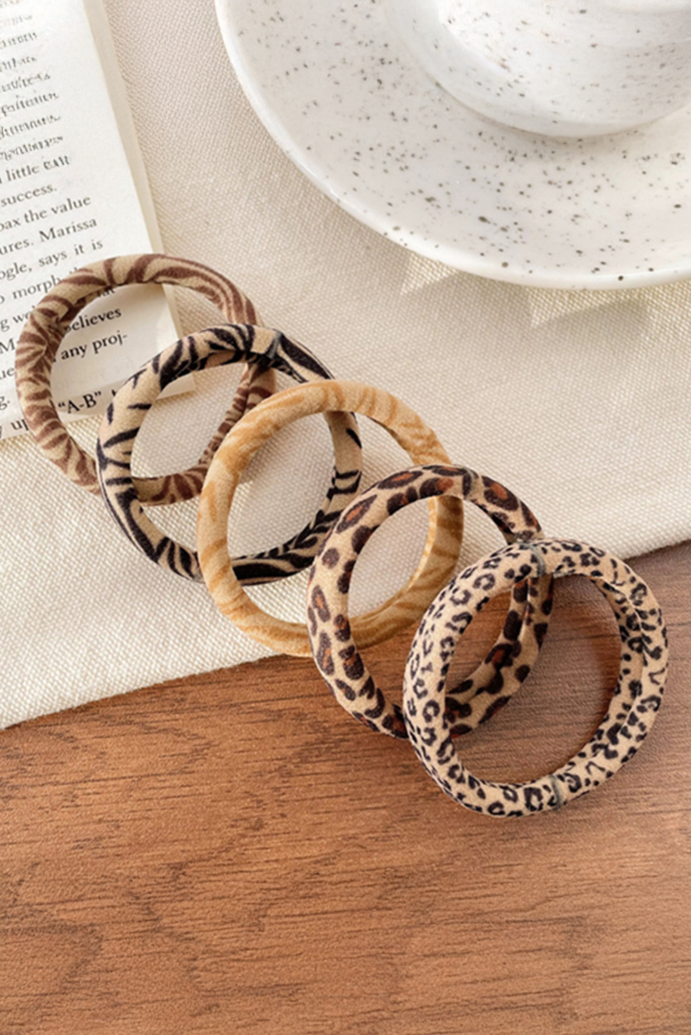Light French Beige 5Pcs/Set Animal Pattern High Elastic Hair Tie
