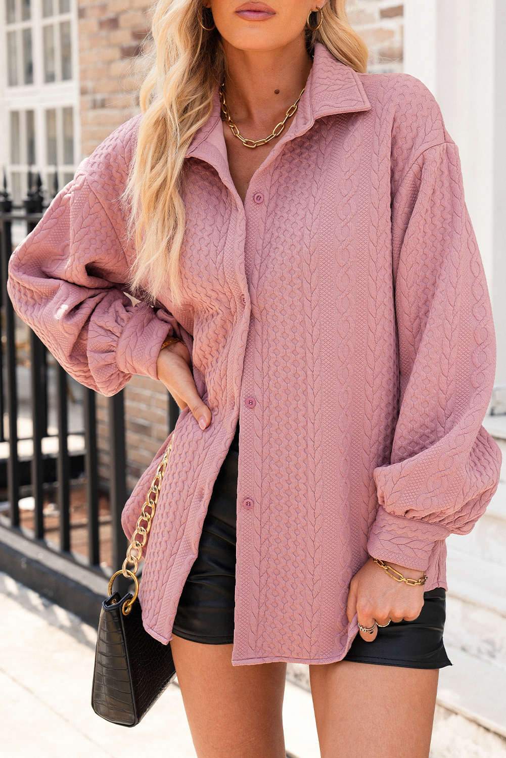 Sepia Rose Cable Texture Puff Sleeve Loose Shacket