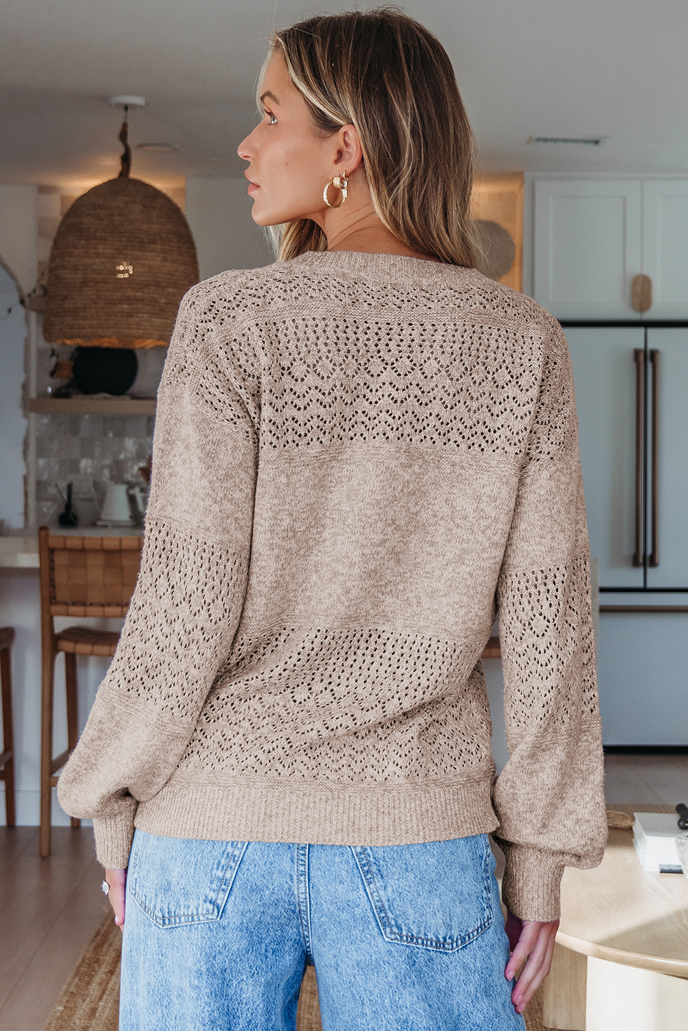 Sky Blue Eyelet Pattern Detail V Neck Drop Shoulder Sweater