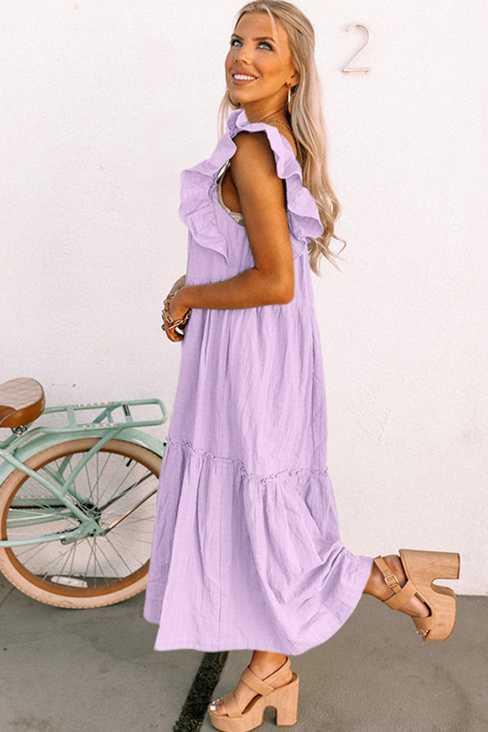 Sky Blue Ruffled Flutter Sleeve Square Neck Textured Tiered Maxi Dress
