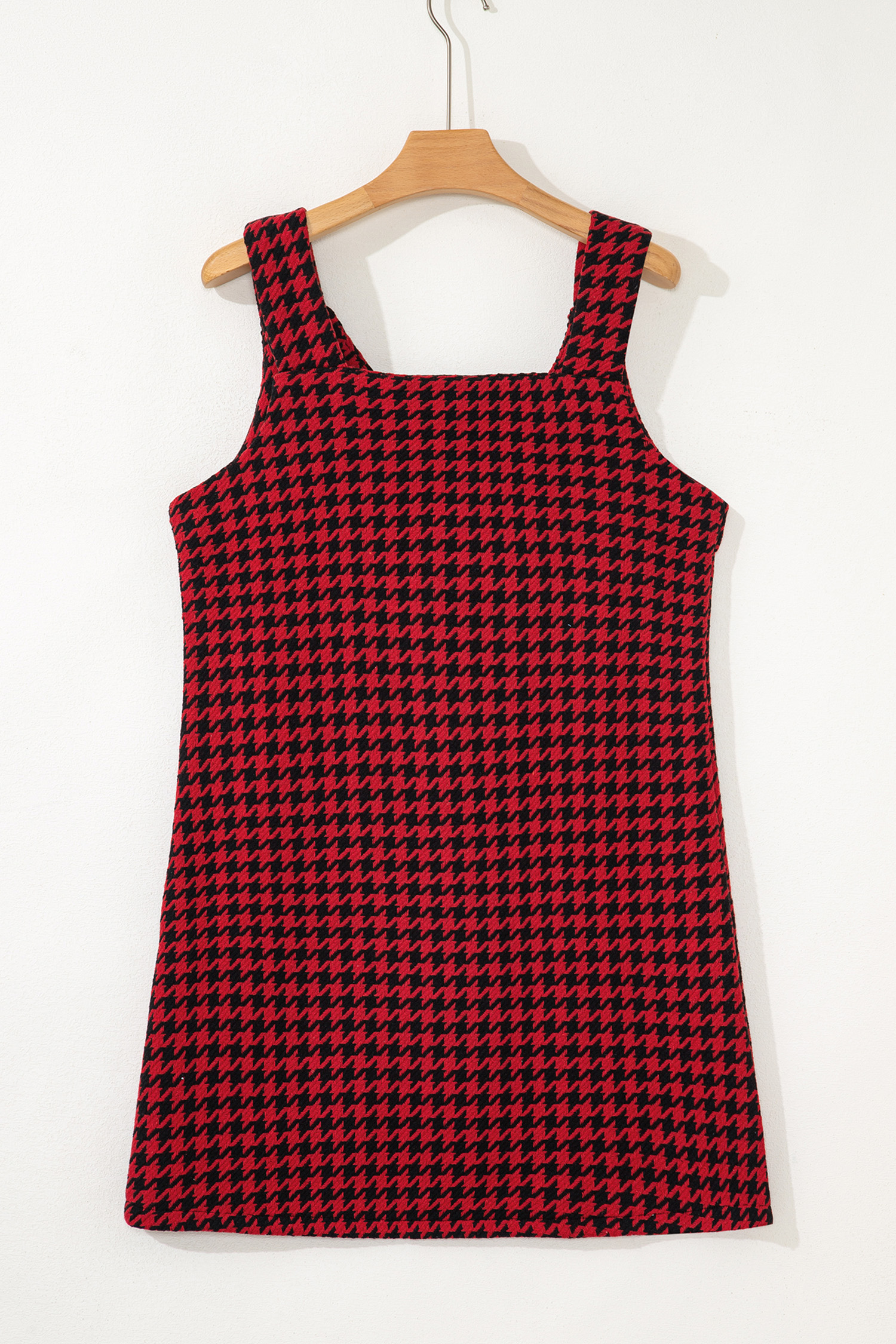 Khaki Houndstooth Print V Neck Sleeveless Mini Dress