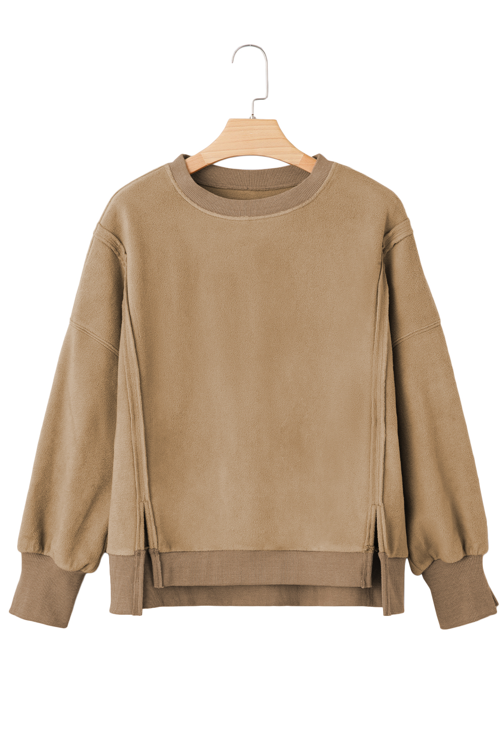 Dark Khaki Fuzzy Sherpa Splicing Pullover Sweatshirt with Side Slit