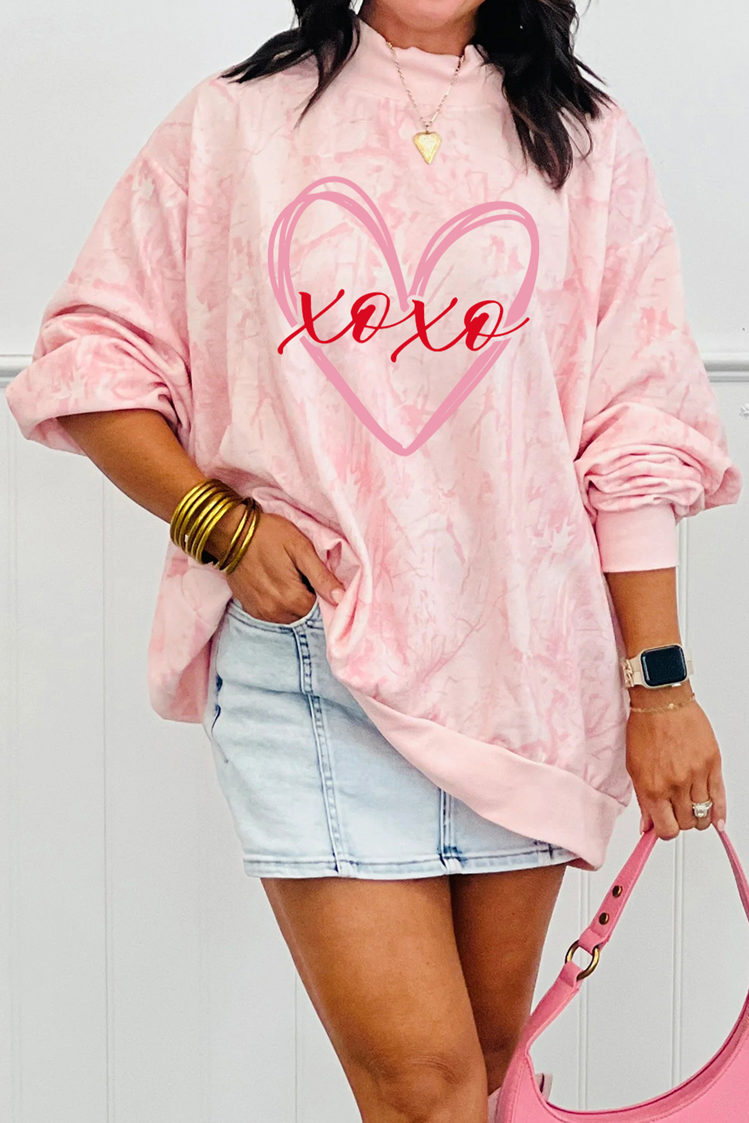 Pink Tie Dye Camo Sequin Love Heart Patched Mock Neck Sweatshirt