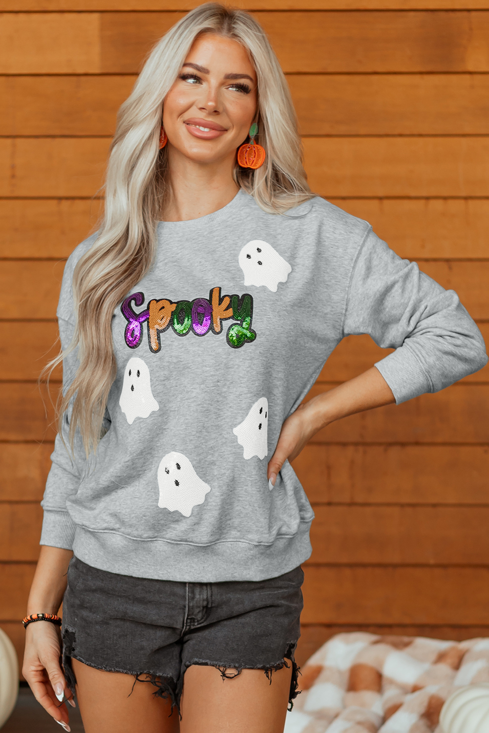 Gray Spooky Halloween Ghost Sequin Patched Sweatshirt