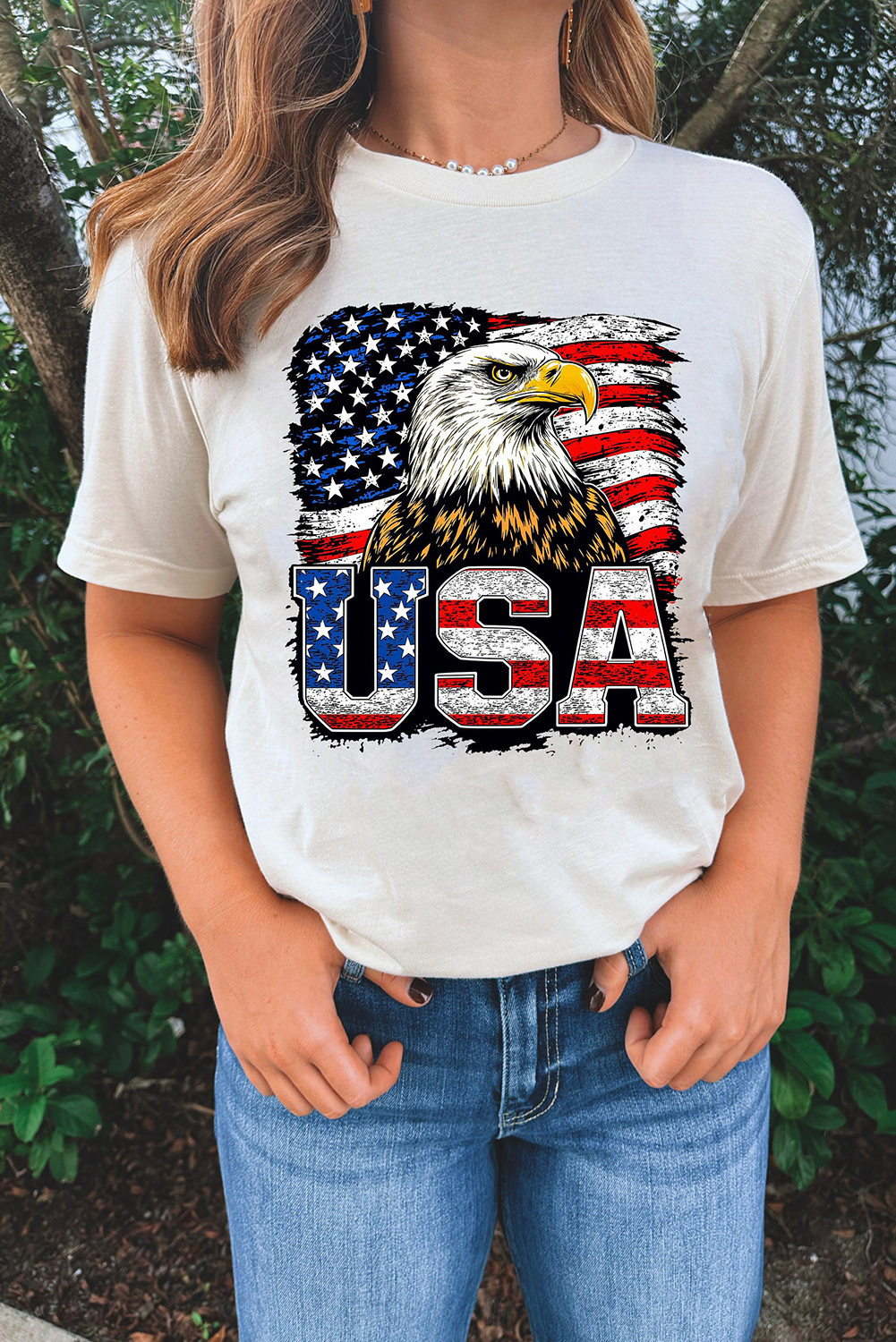 White USA Flag Eagle Graphic 4th July T Shirt