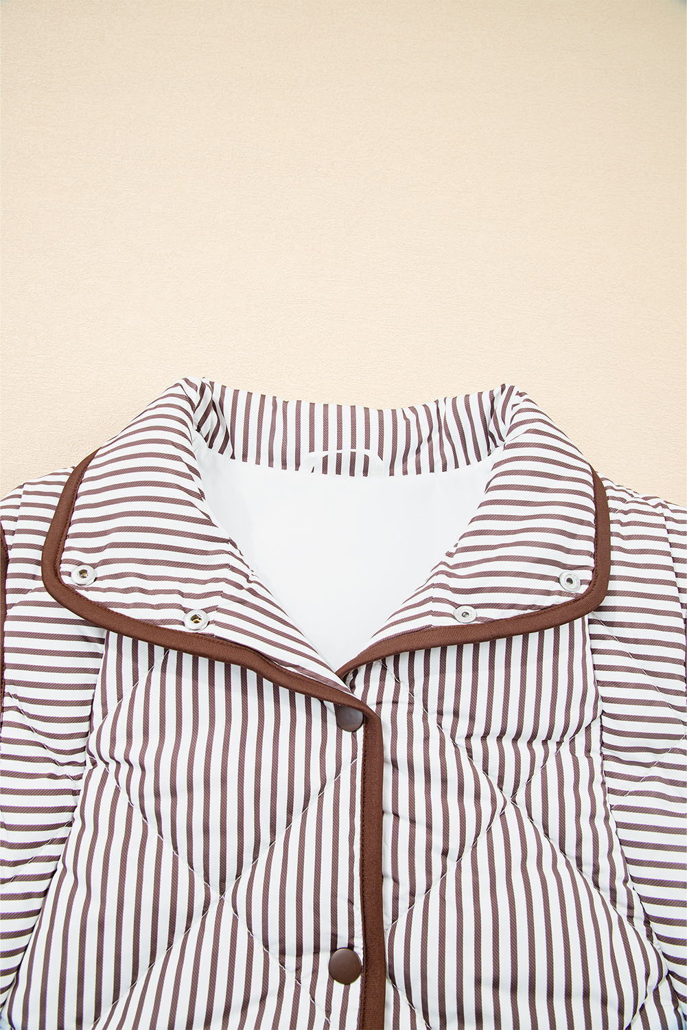 Black Stripe Contrast Trim Snap Button Collared Winter Vest