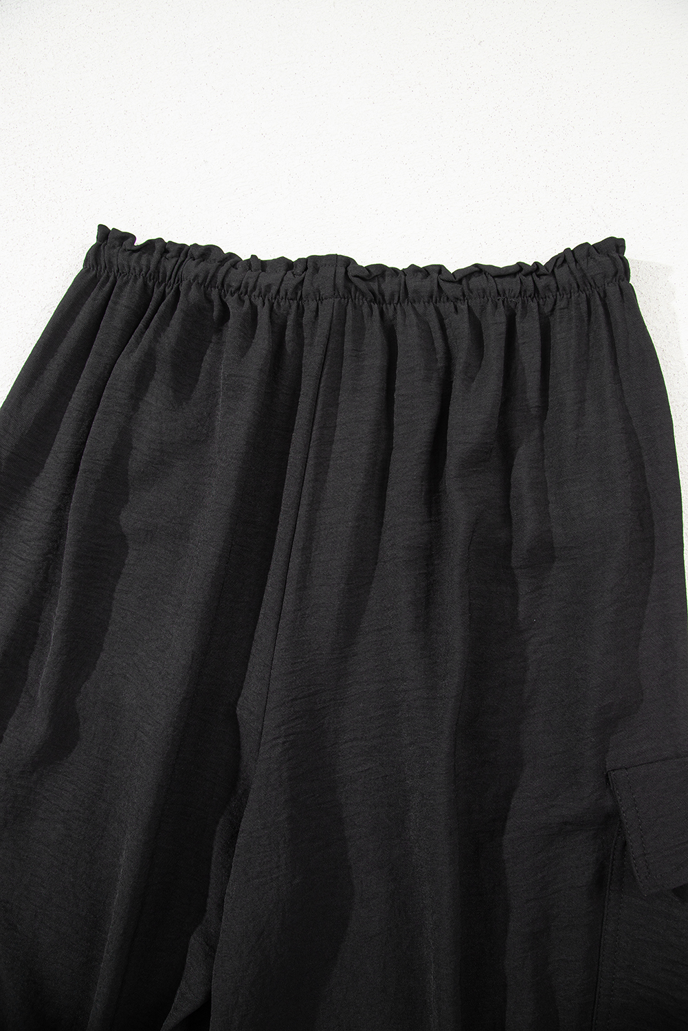 Black Drawstring Frilled Elastic Waistband Wide Leg Utility Trousers