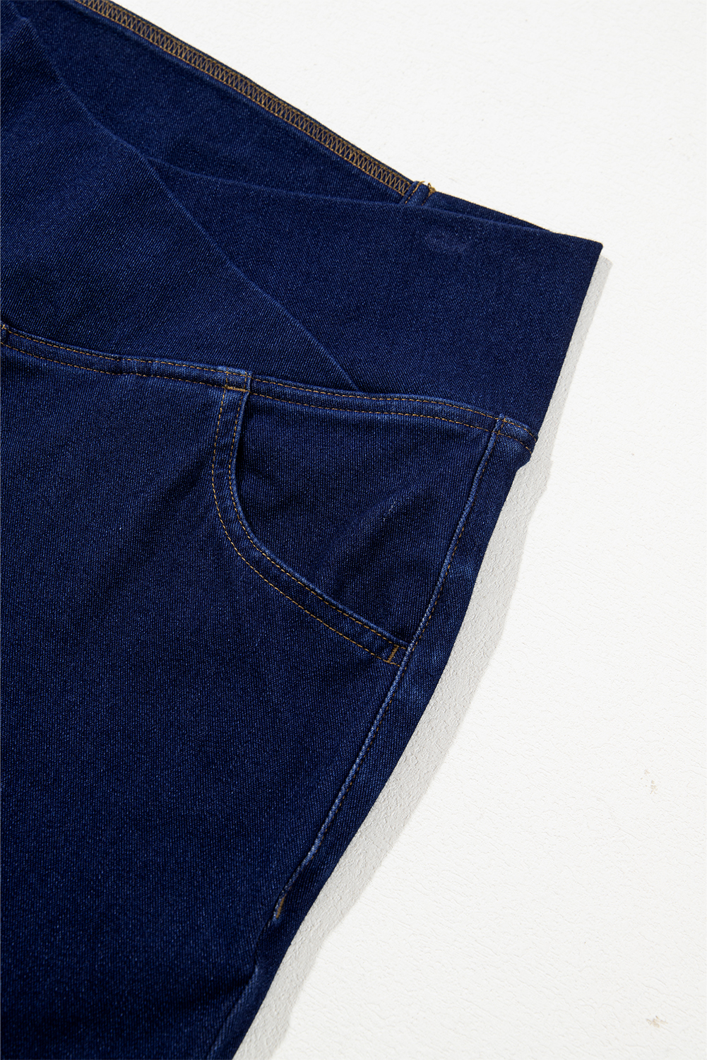 Dusk Blue Solid Crossed Waist High Elastic Fit Flare Knit Jeans
