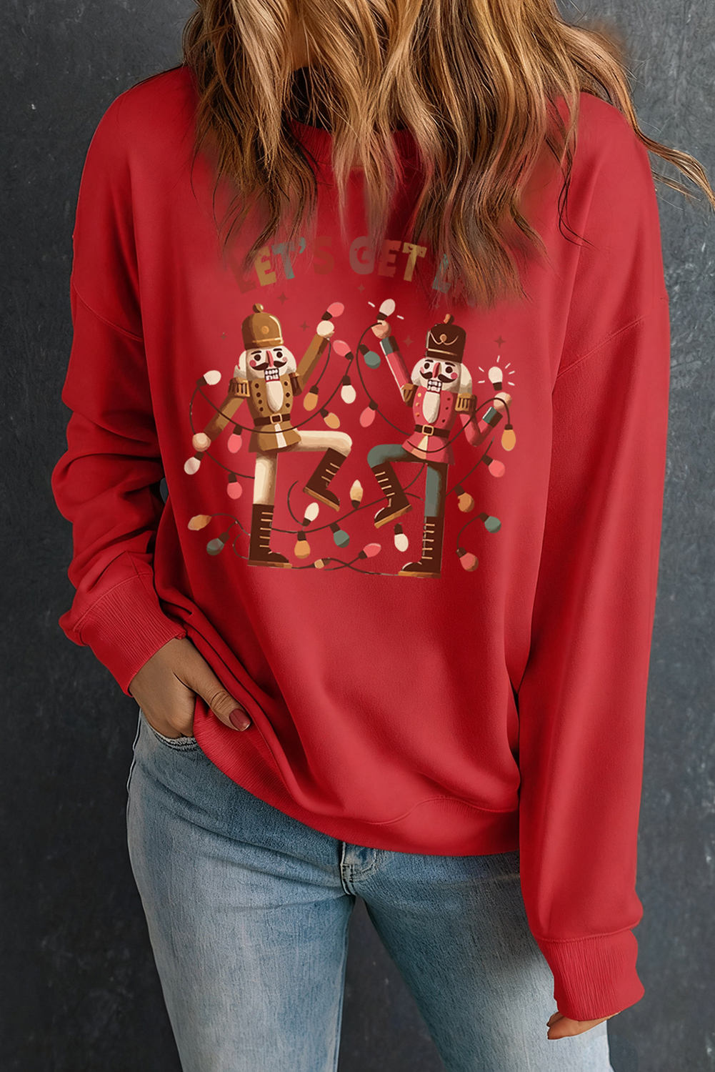Red LETS GET LIT Nutcracker Graphic Christmas Sweatshirt
