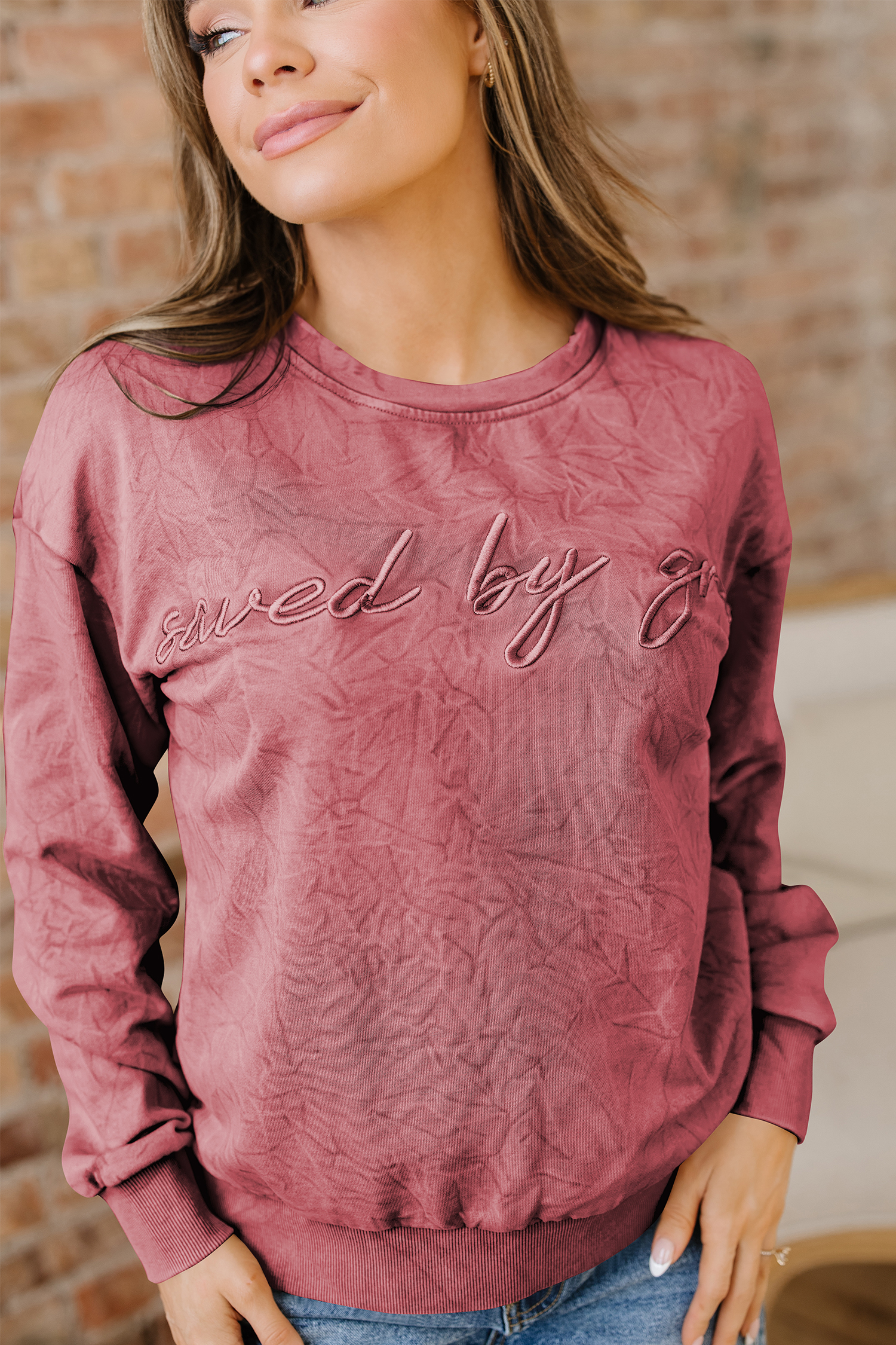 DUNE saved by grace Letter Embroidery Mineral Wash Loose Sweatshirt
