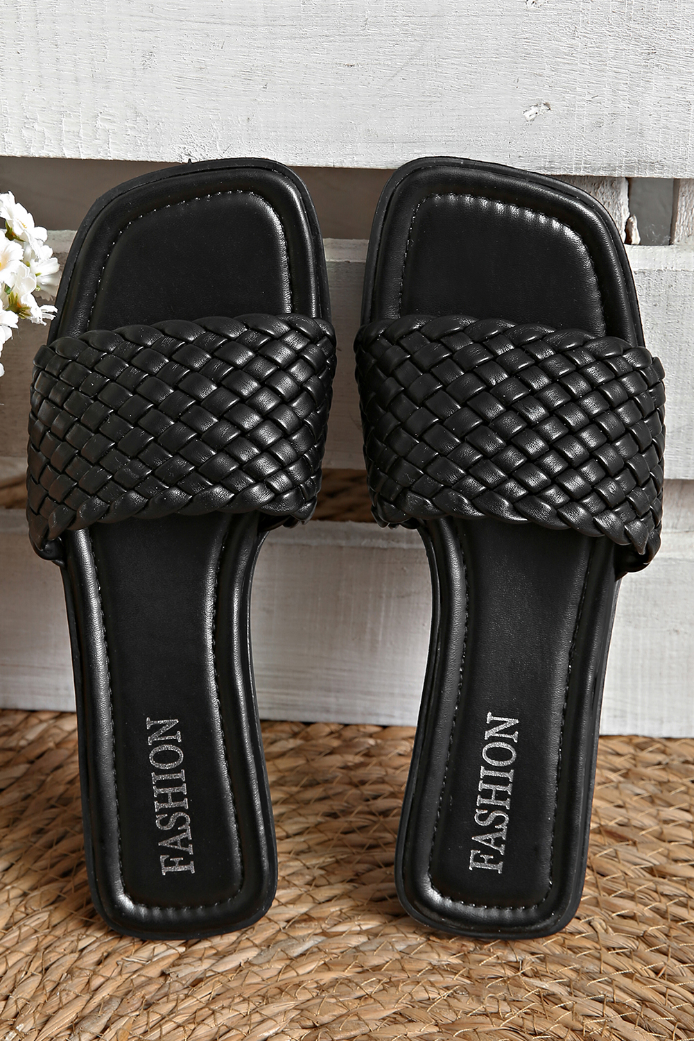 Black Braided Wide Band Square Toe Slippers