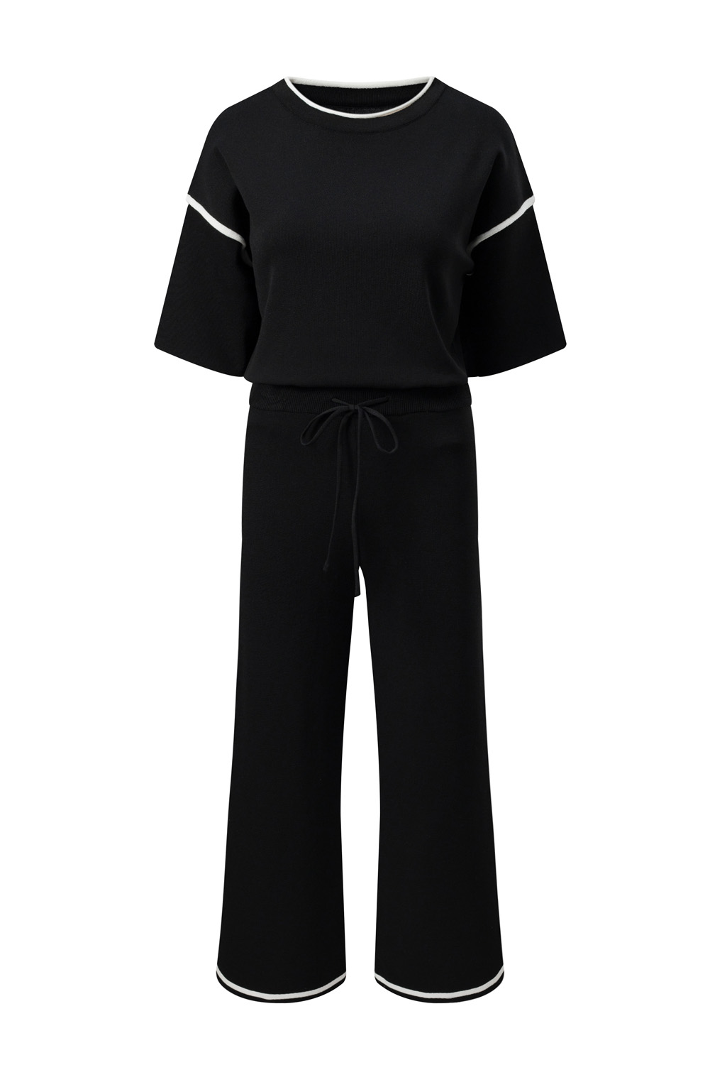 Blackish Green Contrast Trim Half Sleeve Top Drawstring Pants Loose 2pcs Sweater Suit