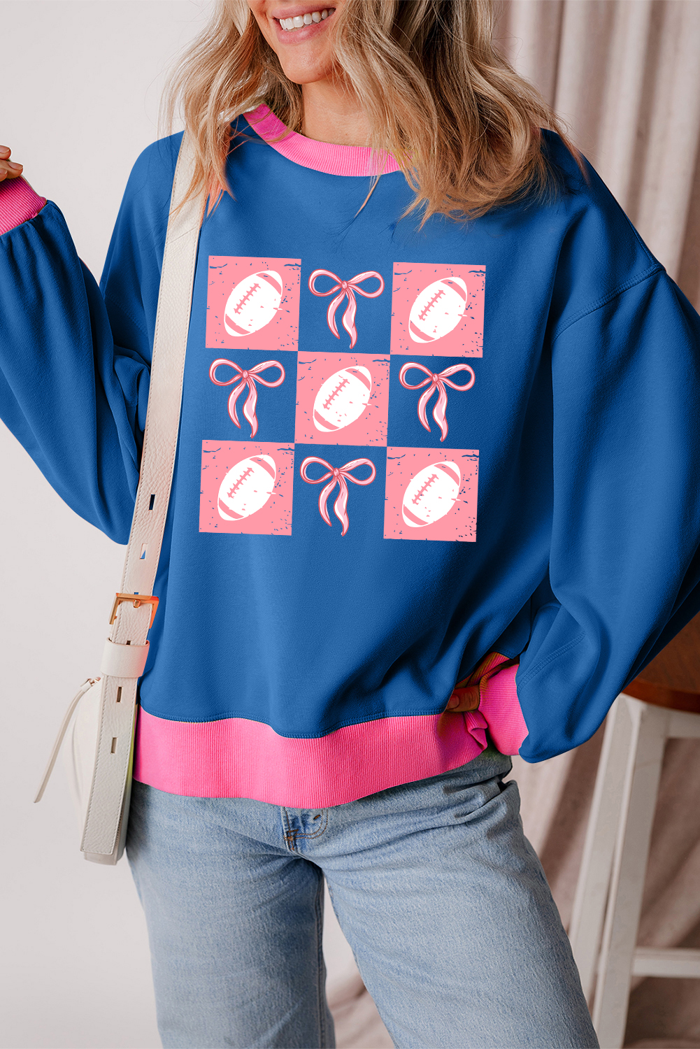 Blue Rugby Bowknot Graphic Game Day Contrast Trim Drop Shoulder Casual Sweatshirt