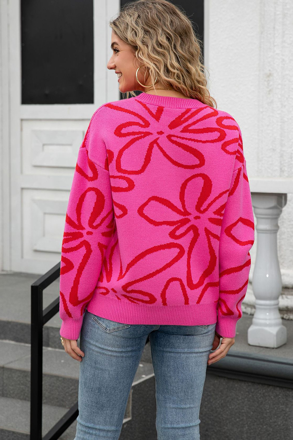 Apricot Flower Pattern Ribbed Crew Neck Drop Shoulder Knit Sweater
